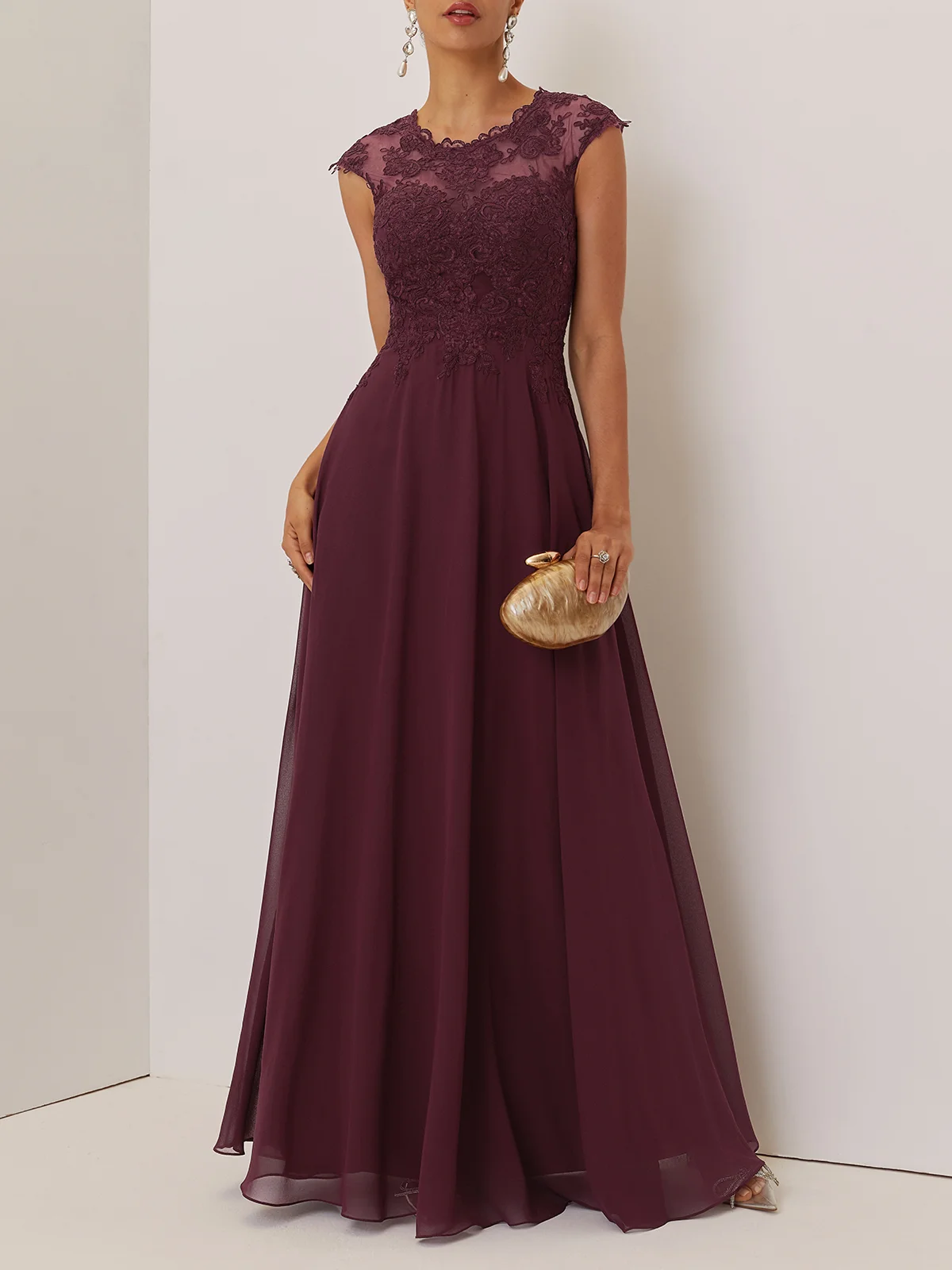 Wine Red Lace Chiffon Crew Neck Cap Sleeve A-Line Maxi Mother of the Bride or Groom Dress