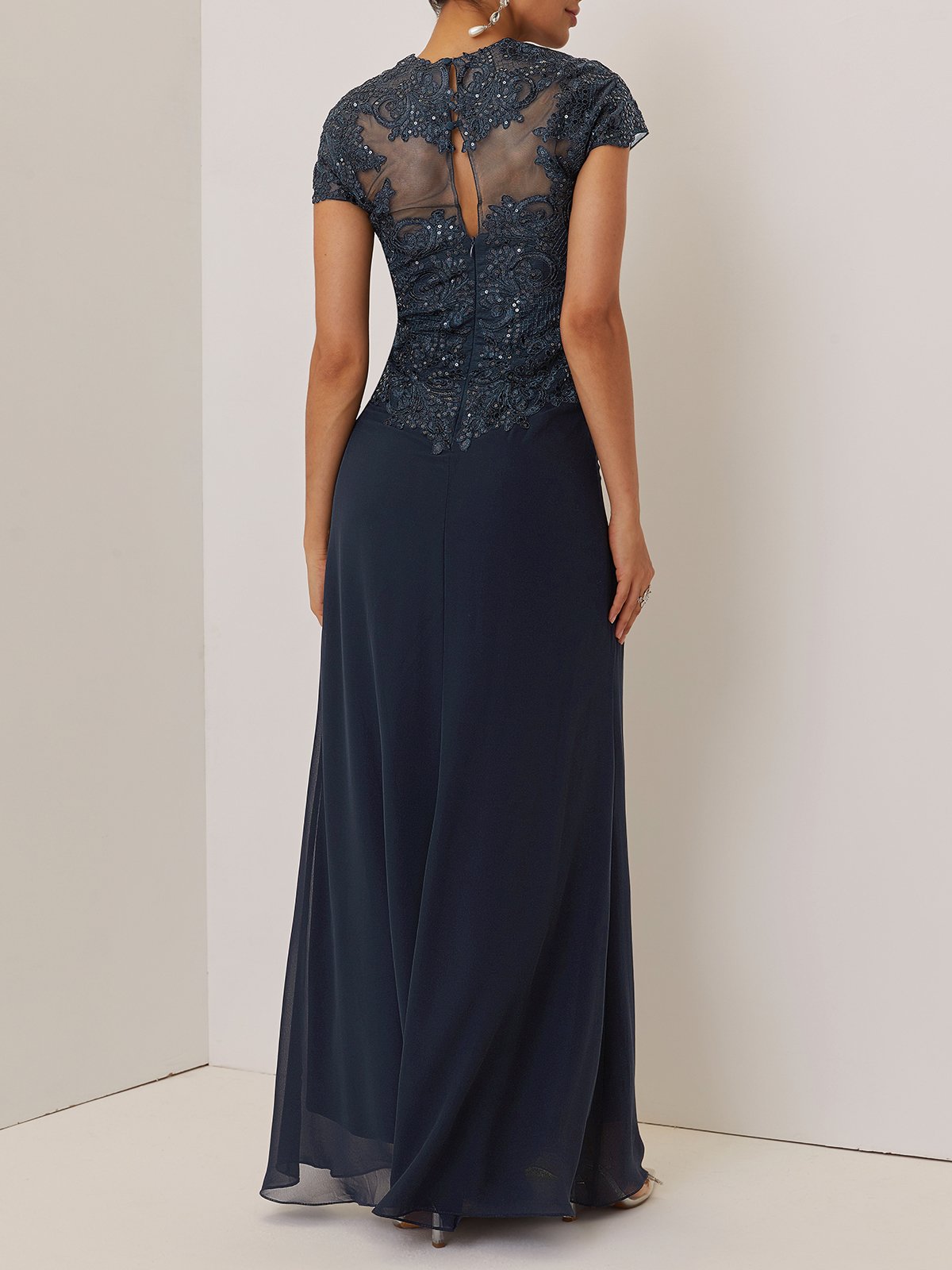 Purplish blue Sequin Lace Chiffon Dress Sweetheart Neckline Short Sleeve A-Line Maxi Mother of the Bride or Groom Dress
