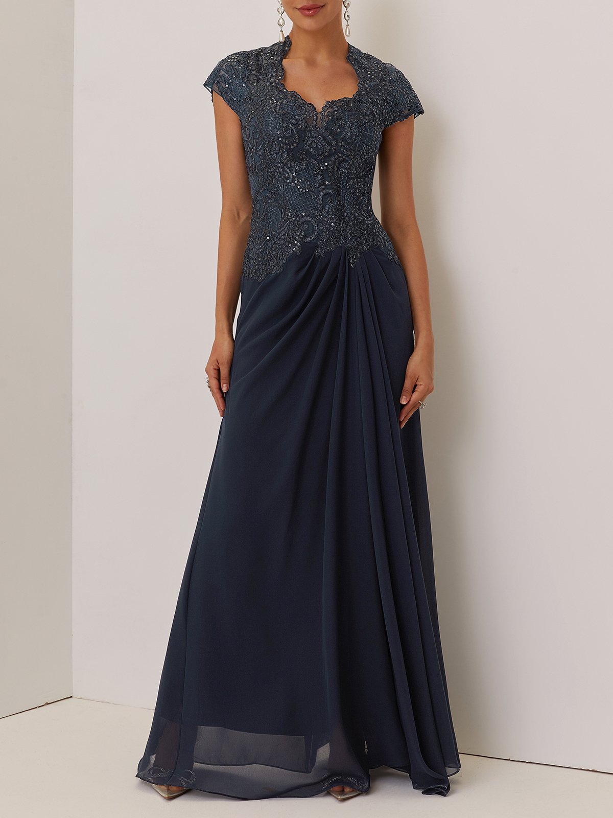 Purplish blue Sequin Lace Chiffon Dress Sweetheart Neckline Short Sleeve A-Line Maxi Mother of the Bride or Groom Dress