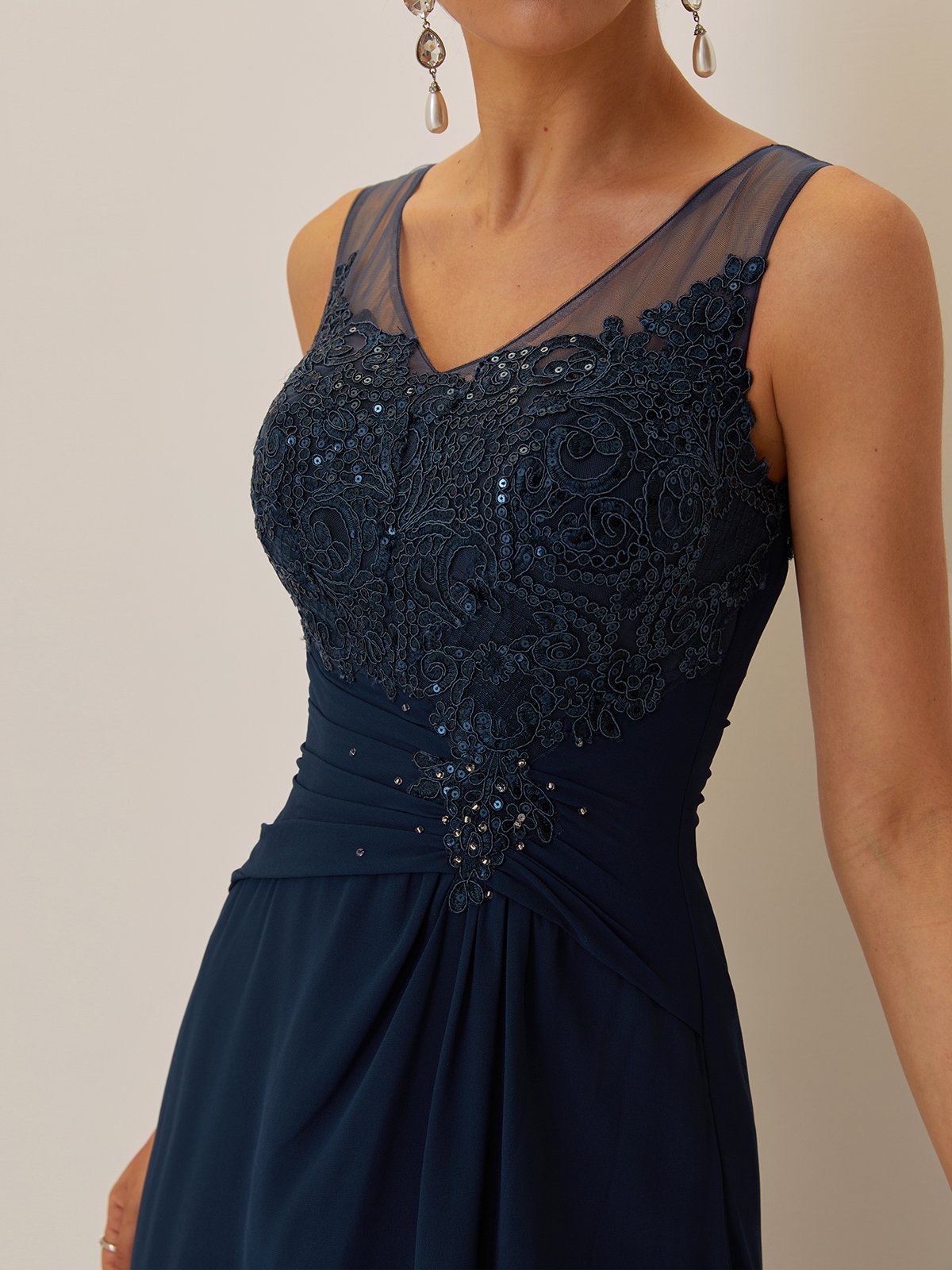 Purplish blue Sequin Lace Chiffon Dress V Neck Sleeveless A-Line Maxi Mother of the Bride or Groom Dress