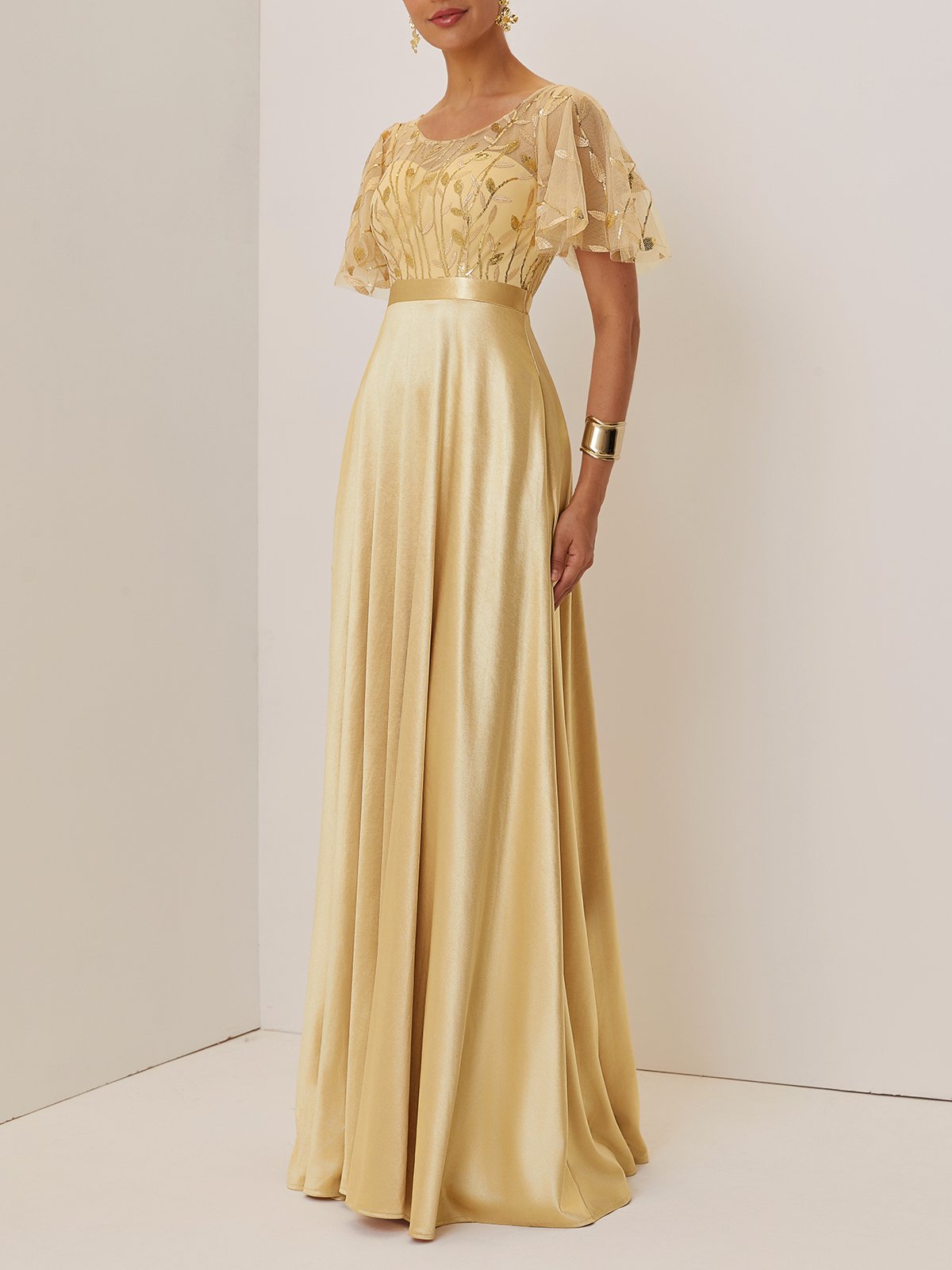 Golden Sequin Satin Crew Neck Short Sleeve Bell Sleeve A-Line Gown Mother of the Bride or Groom Dress