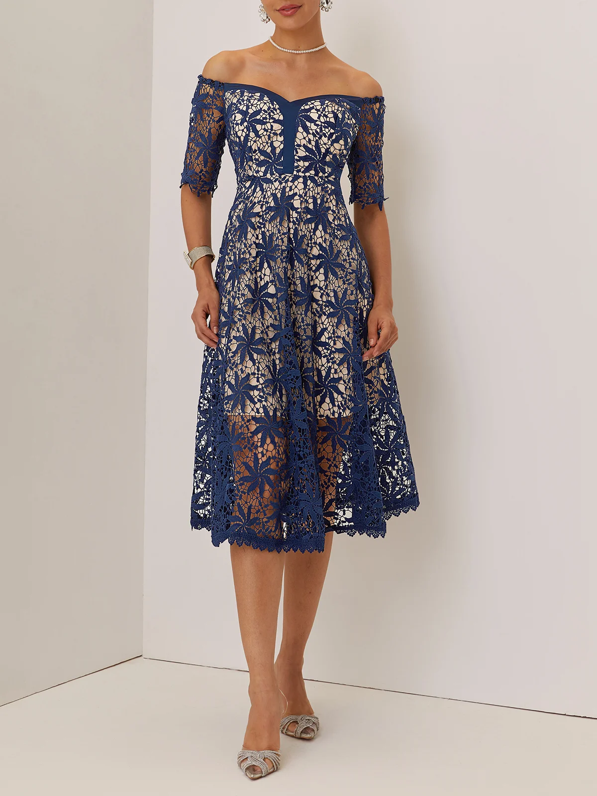 Purplish blue Lace Lace Off The Shoulder Short Sleeve A-Line Midi Dress
