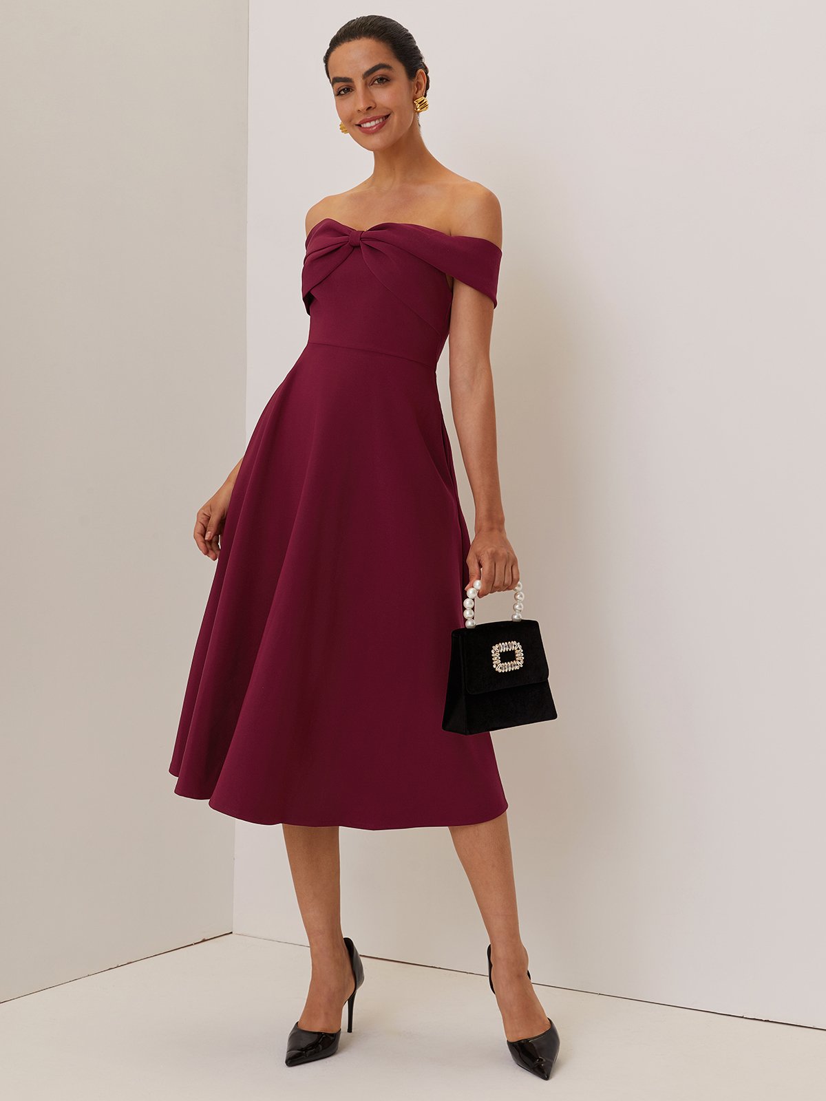 Wine Red Cross Classic Off The Shoulder Short Sleeve A-Line Midi Dress