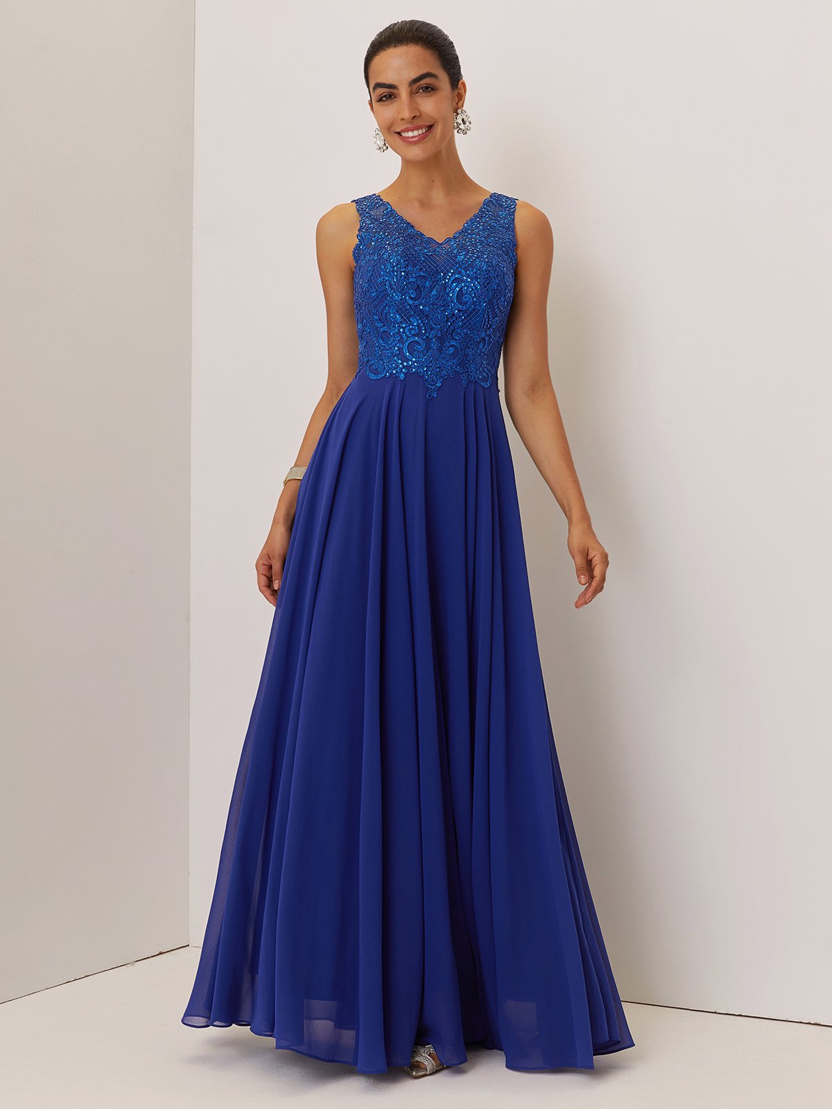 Blue Glitter Chiffon V Neck Sleeveless A-Line Maxi Dress