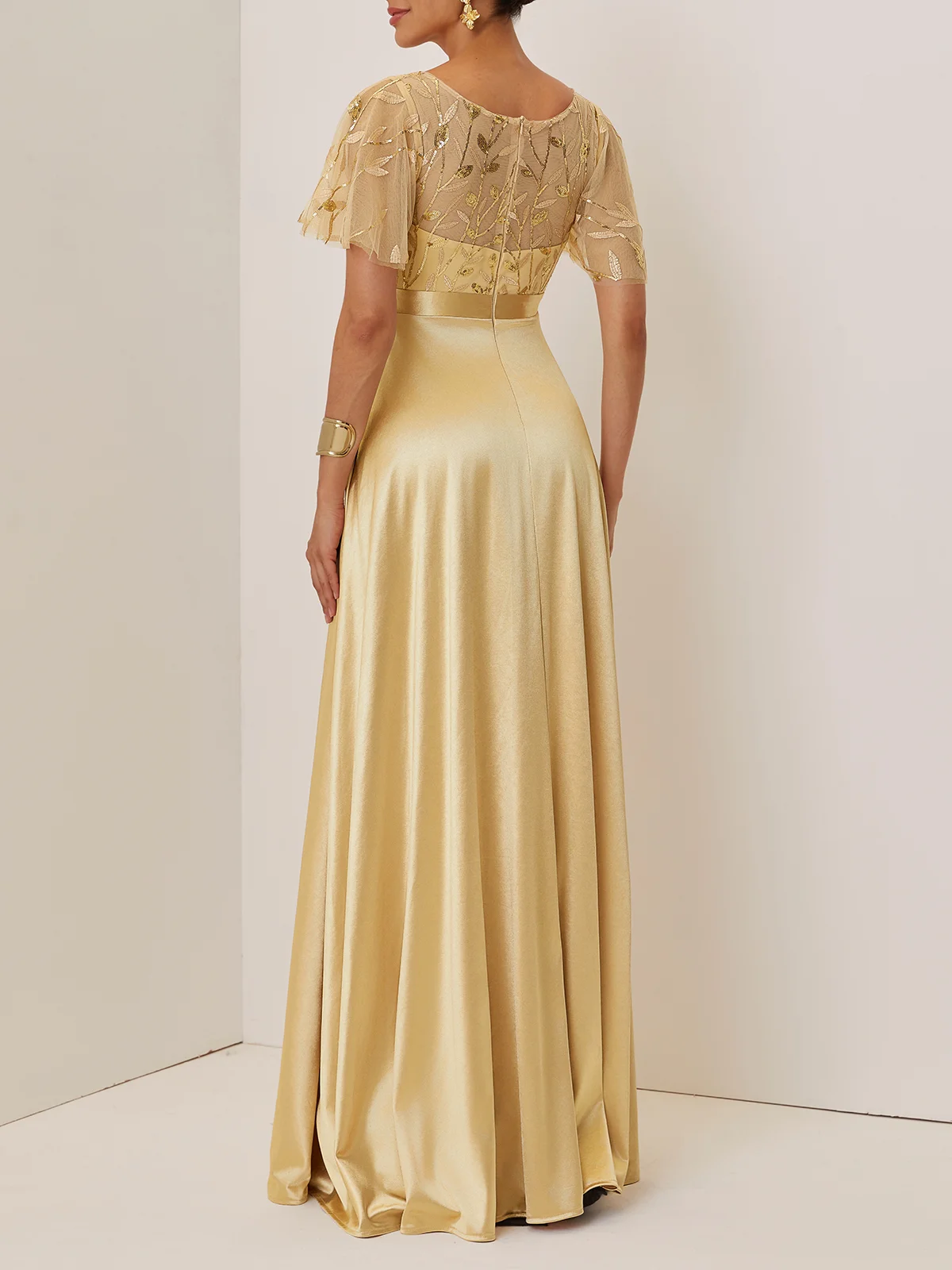 Golden Sequin Satin Crew Neck Short Sleeve Bell Sleeve A-Line Gown Mother of the Bride or Groom Dress