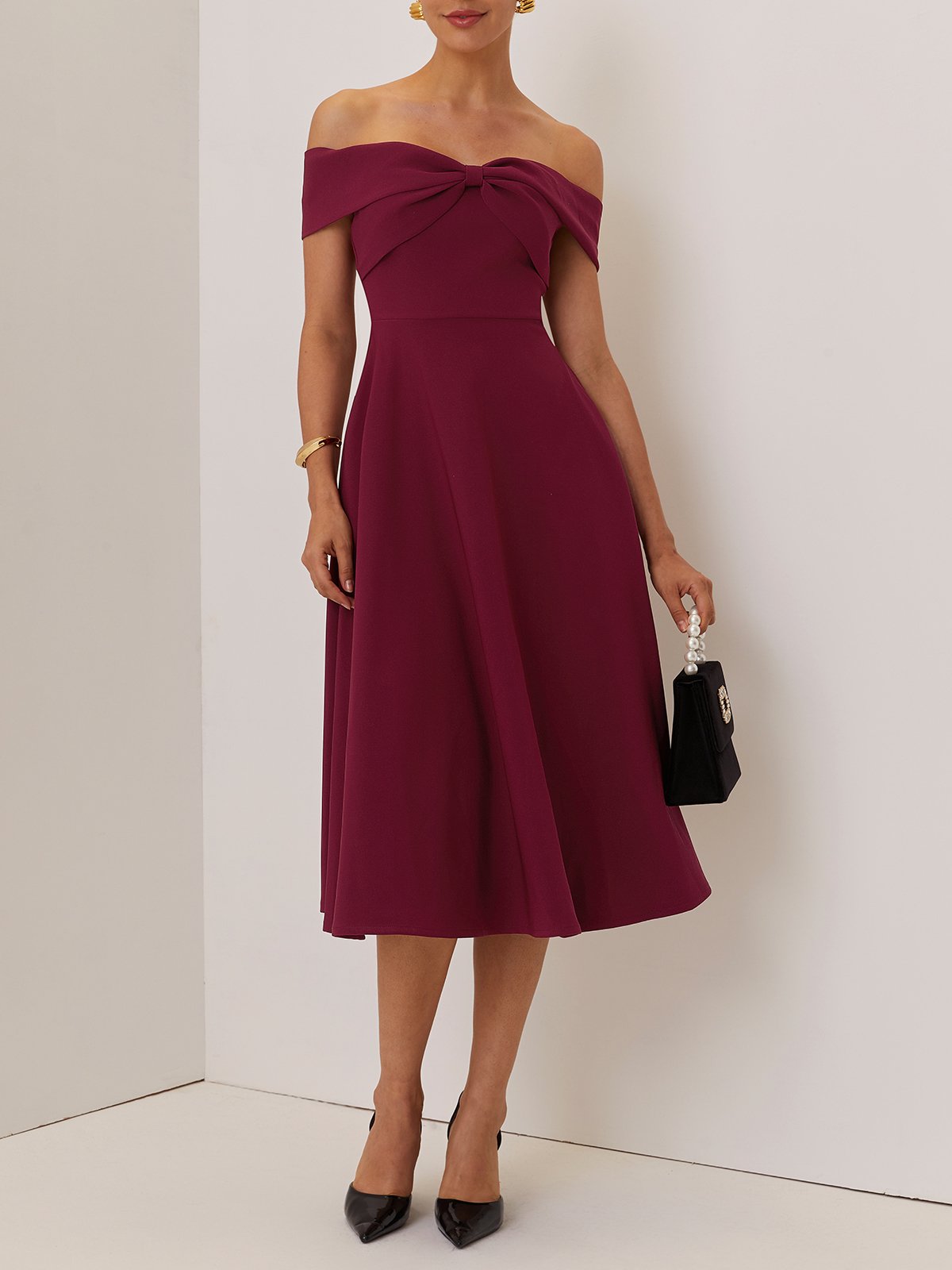 Wine Red Cross Classic Off The Shoulder Short Sleeve A-Line Midi Dress