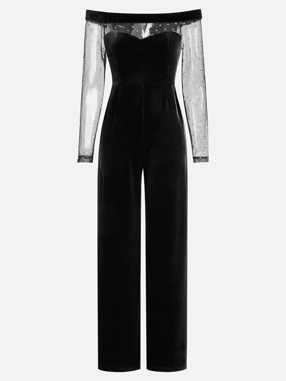 Women Black Mesh Off The Shoulder Long Sleeve Dressy Jumpsuit