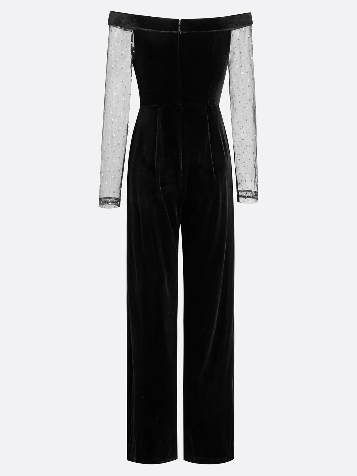 Women Black Mesh Off The Shoulder Long Sleeve Dressy Jumpsuit