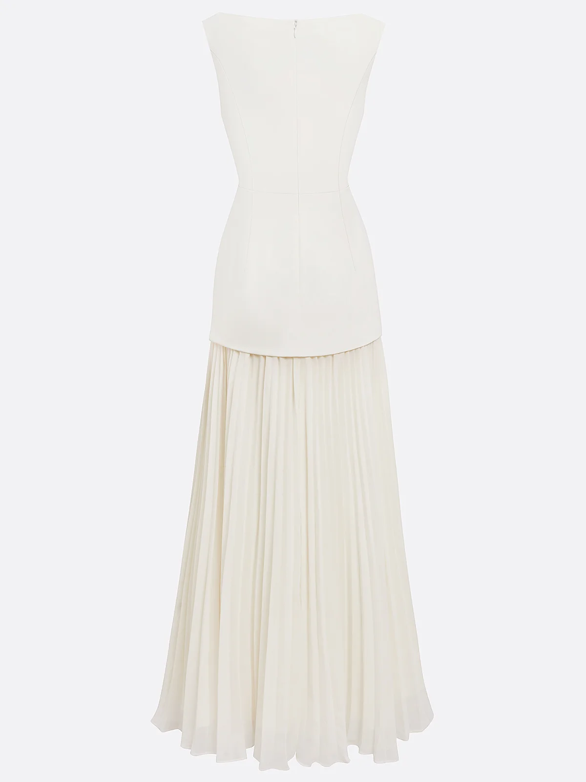 Off White Pleated Classic Boat Neck Sleeveless A-Line Gown Dress