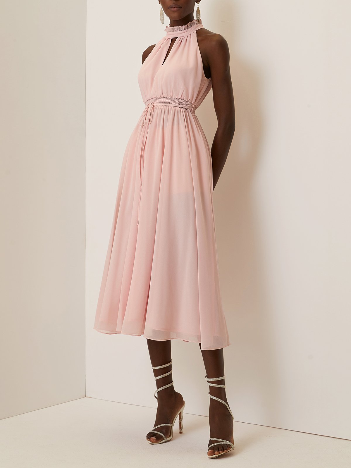 Pink Scramble Peplum Chiffon Lotus Leaf Collar Sleeveless A-Line Maxi Dress