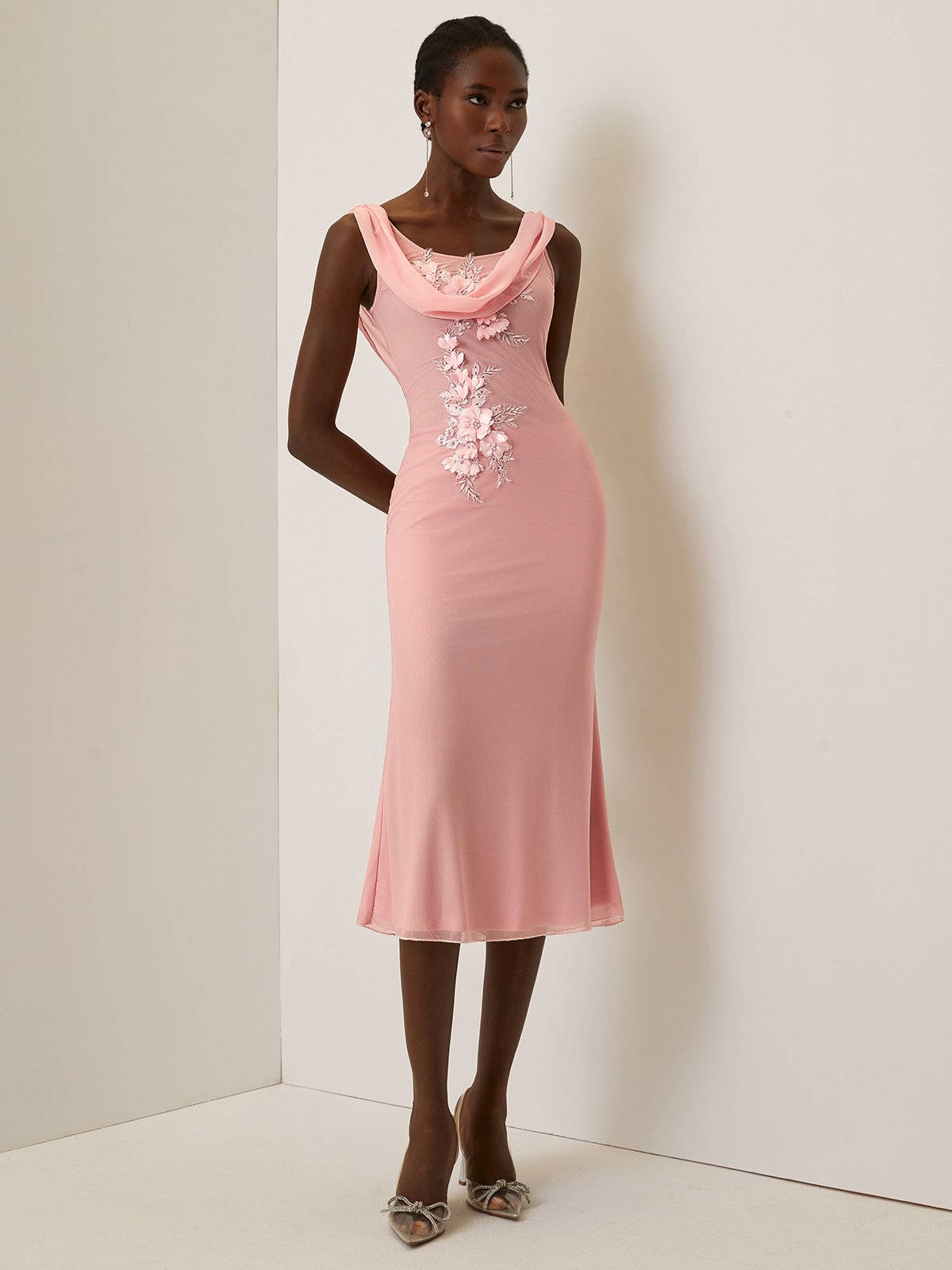 Pink Embroidery Classic Cowl Neck Sleeveless Sheath Midi Dress