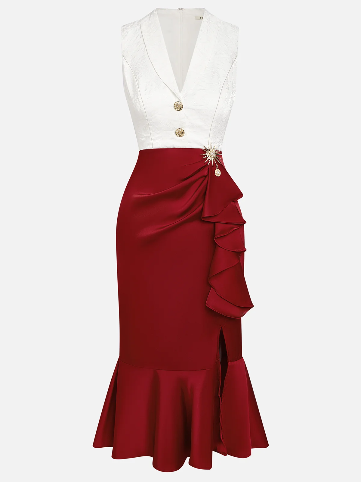 Wine Red Metal Mermaid Skirt Shawl Collar Sleeveless Sheath Midi Dress