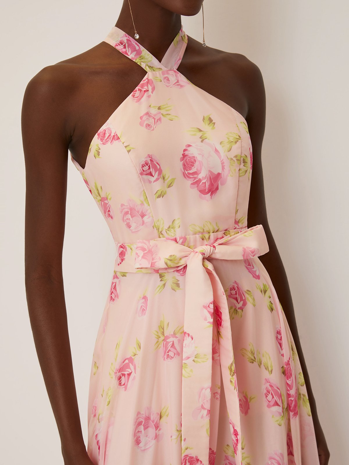 Pink Floral Chiffon Halter Sleeveless A-Line Maxi Dress