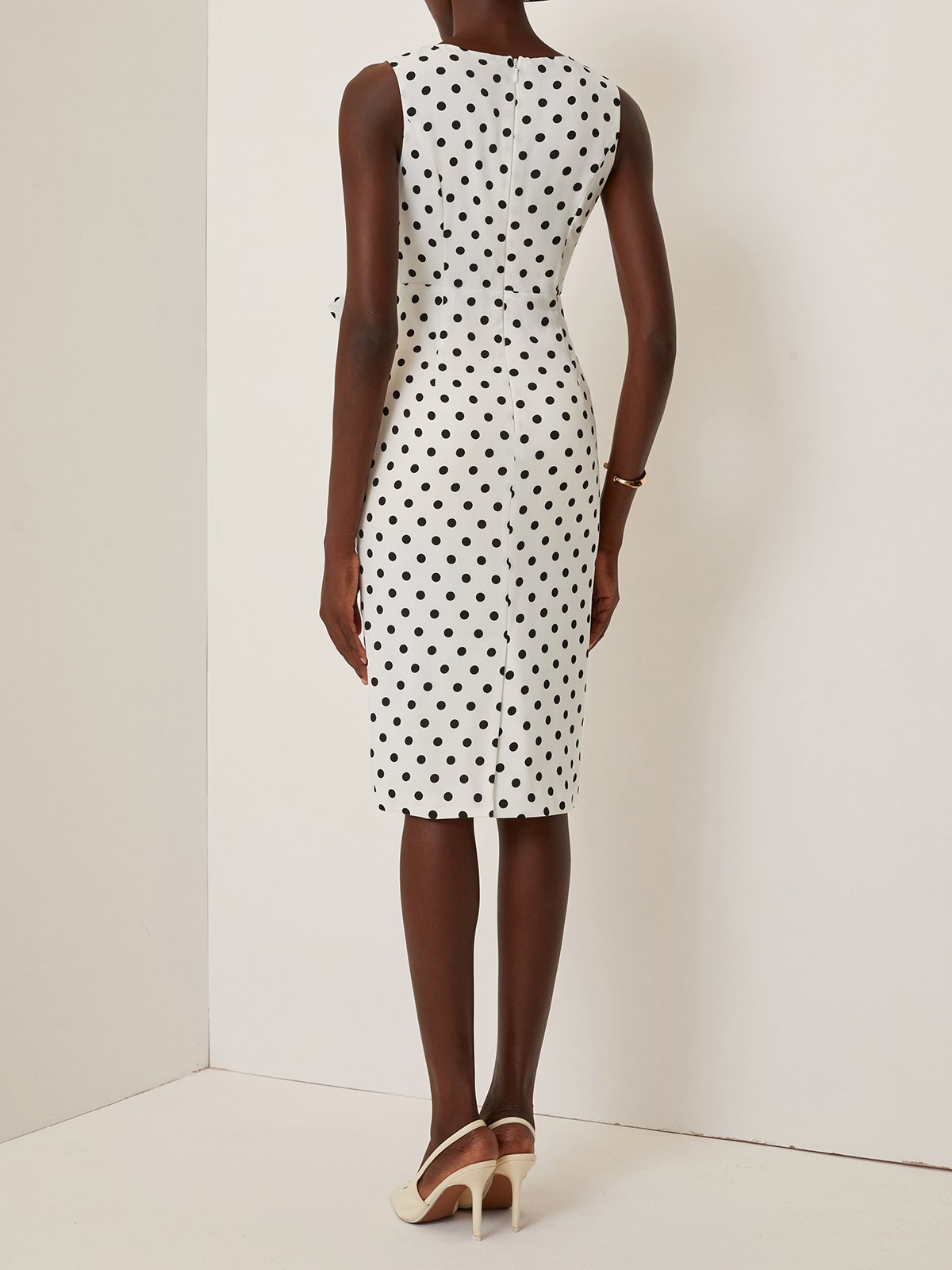 White Bow Printing Classic V Neck Sleeveless Sheath Midi Dress