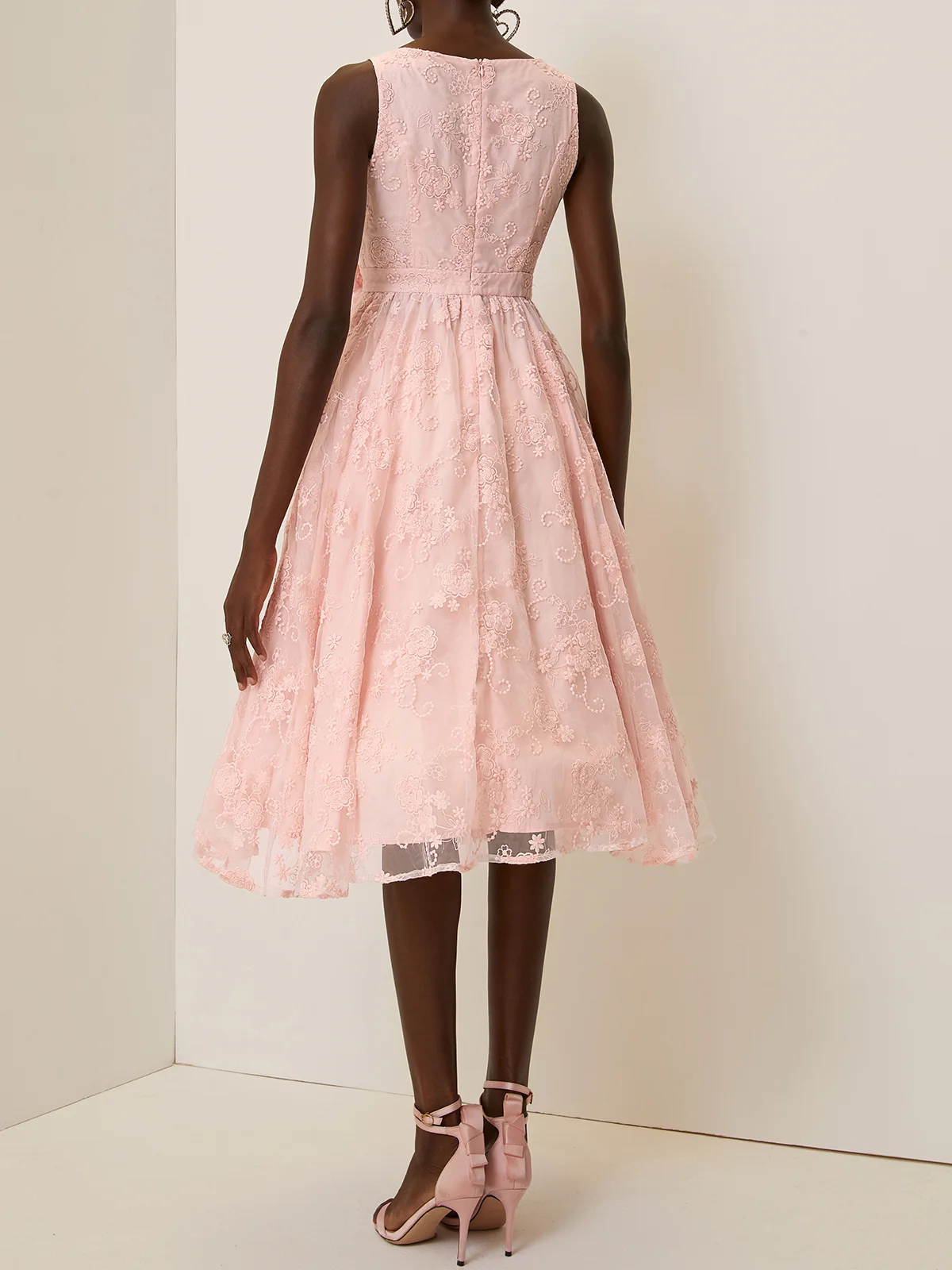 Light Pink Bow Classic V Neck Sleeveless A-Line Midi Dress