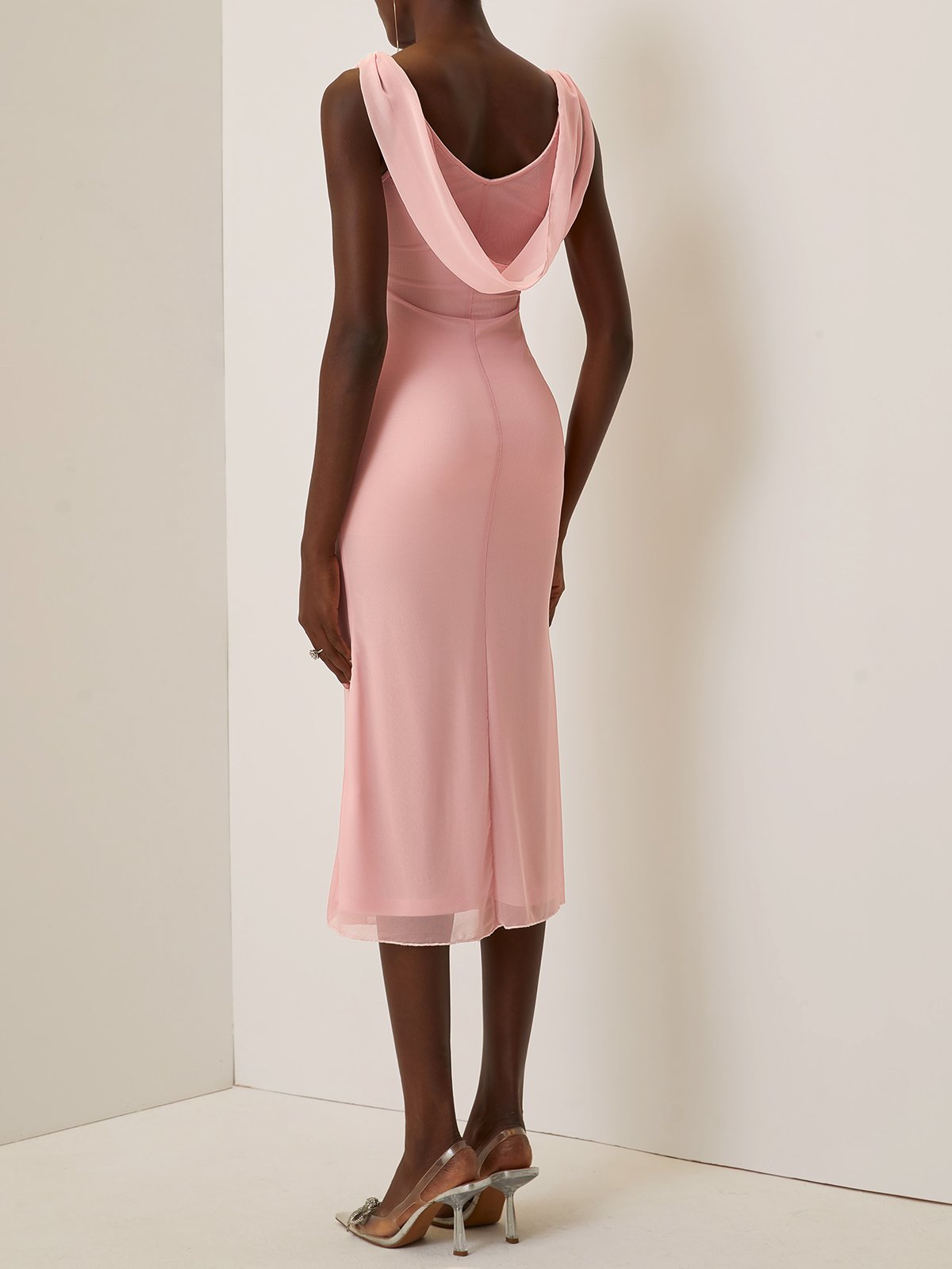 Pink Embroidery Classic Cowl Neck Sleeveless Sheath Midi Dress