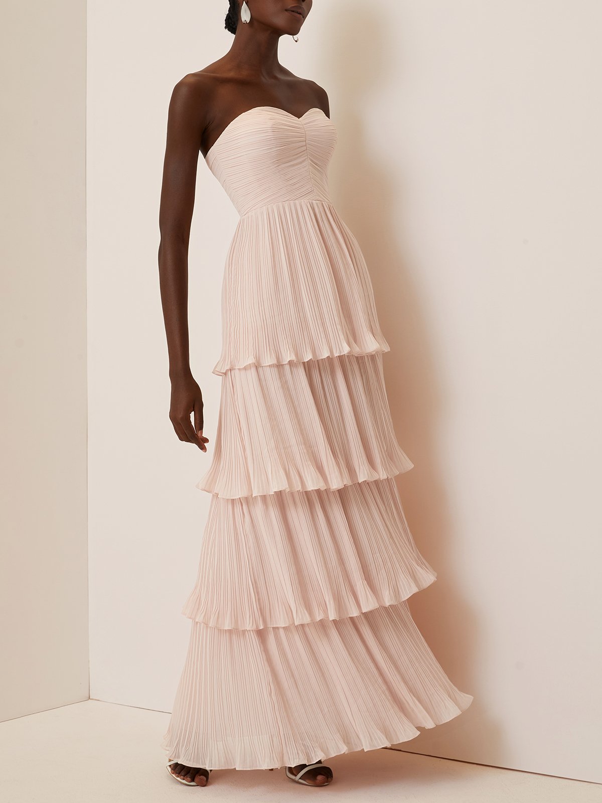 Light Pink Ruched Classic Off The Shoulder Short Sleeve A-Line Maxi Dress