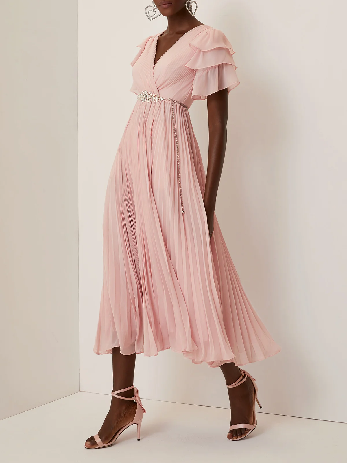 Pink Pleated Hot Drilling Chiffon V Neck Short Sleeve Ruffle Sleeve A-Line Maxi Dress