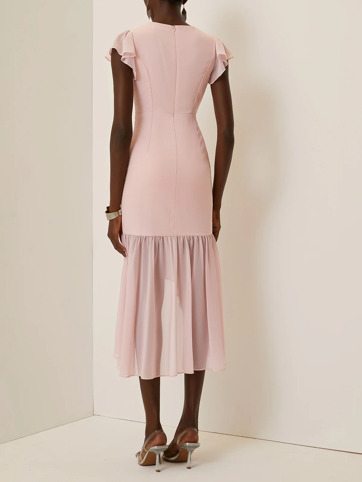 Pink Ruched Peplum Chiffon V Neck Cap Sleeve Ruffle Sleeve Mermaid Midi Dress