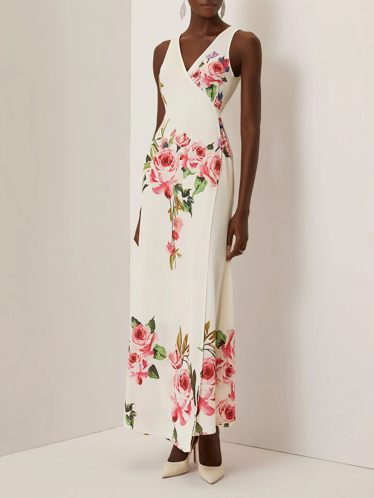 Pink Cross Floral Wrap Dress V Neck Sleeveless Mermaid Gown Dress