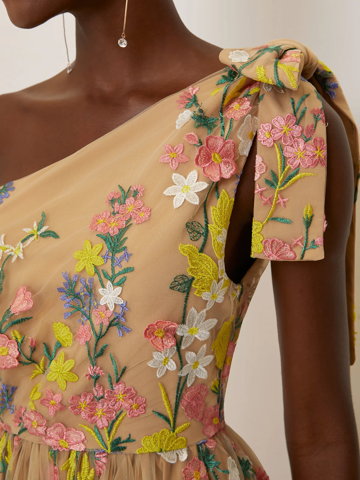 Green Embroidery Floral Classic One Shoulder Sleeveless A-Line Midi Dress