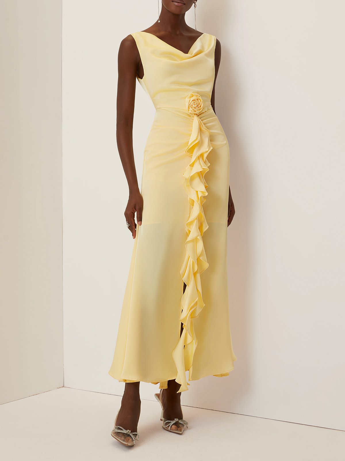 Yellow 3D Floral Peplum Satin Cowl Neck Sleeveless Mermaid Maxi Dress