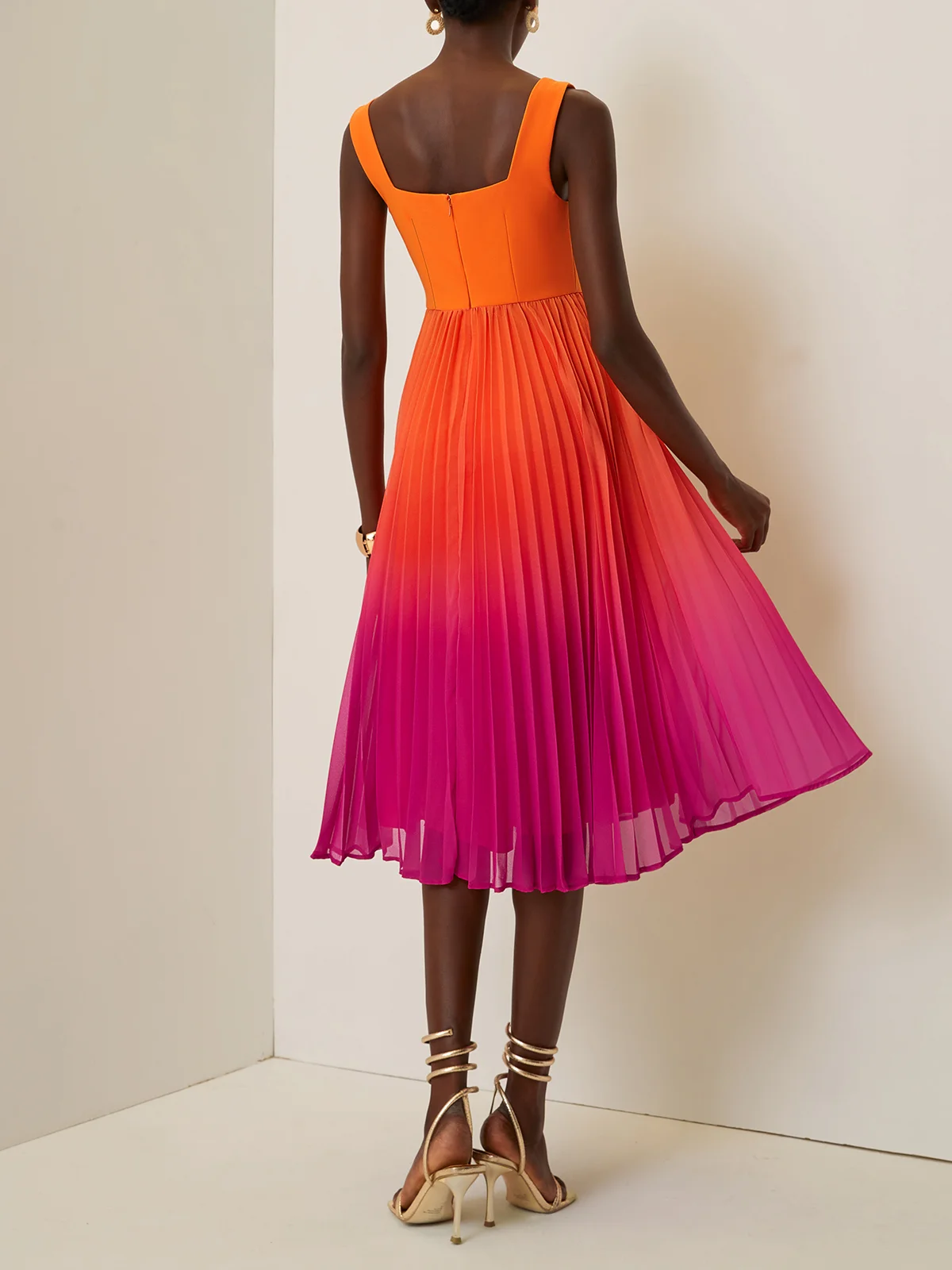Orange Pleated Ombre Classic Square Neck Sleeveless A-Line Midi Dress