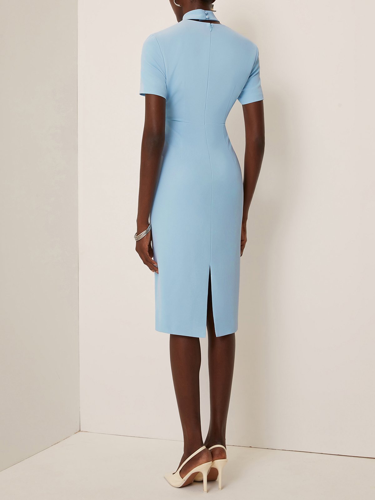 Light Blue Rhinestone Classic Square Neck Short Sleeve Sheath Midi Dress