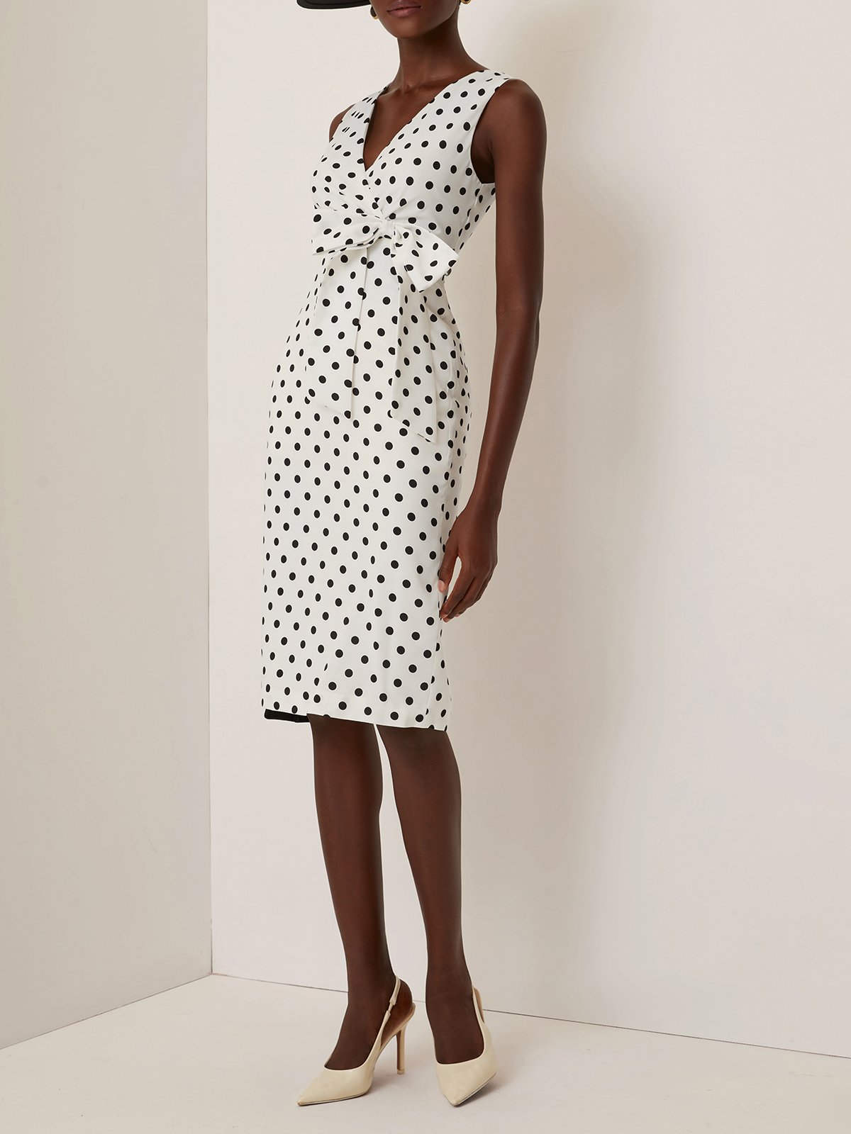 White Bow Printing Classic V Neck Sleeveless Sheath Midi Dress