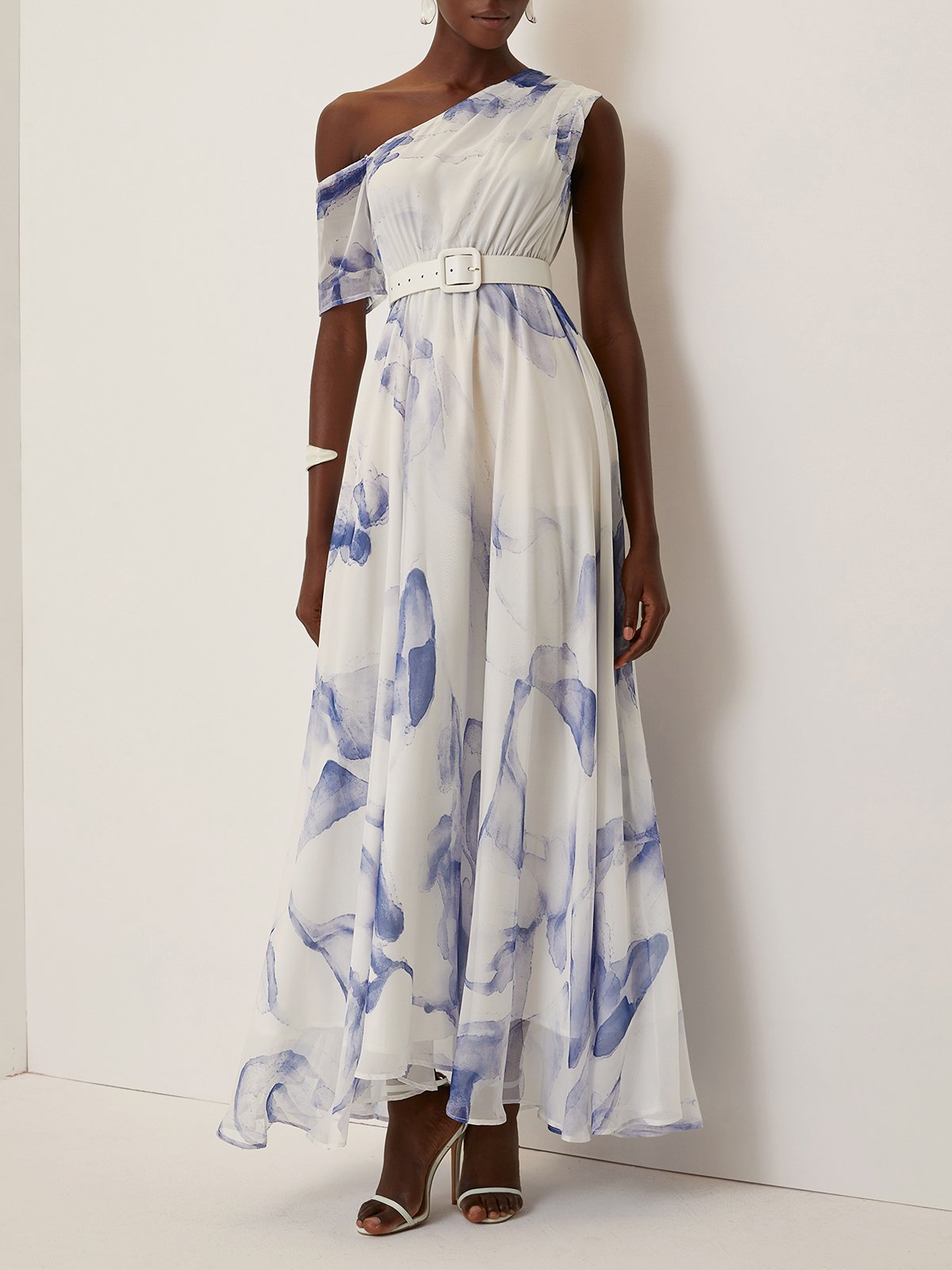 Blue Printing Asymmetric Chiffon One Shoulder Short Sleeve A-Line Maxi Dress