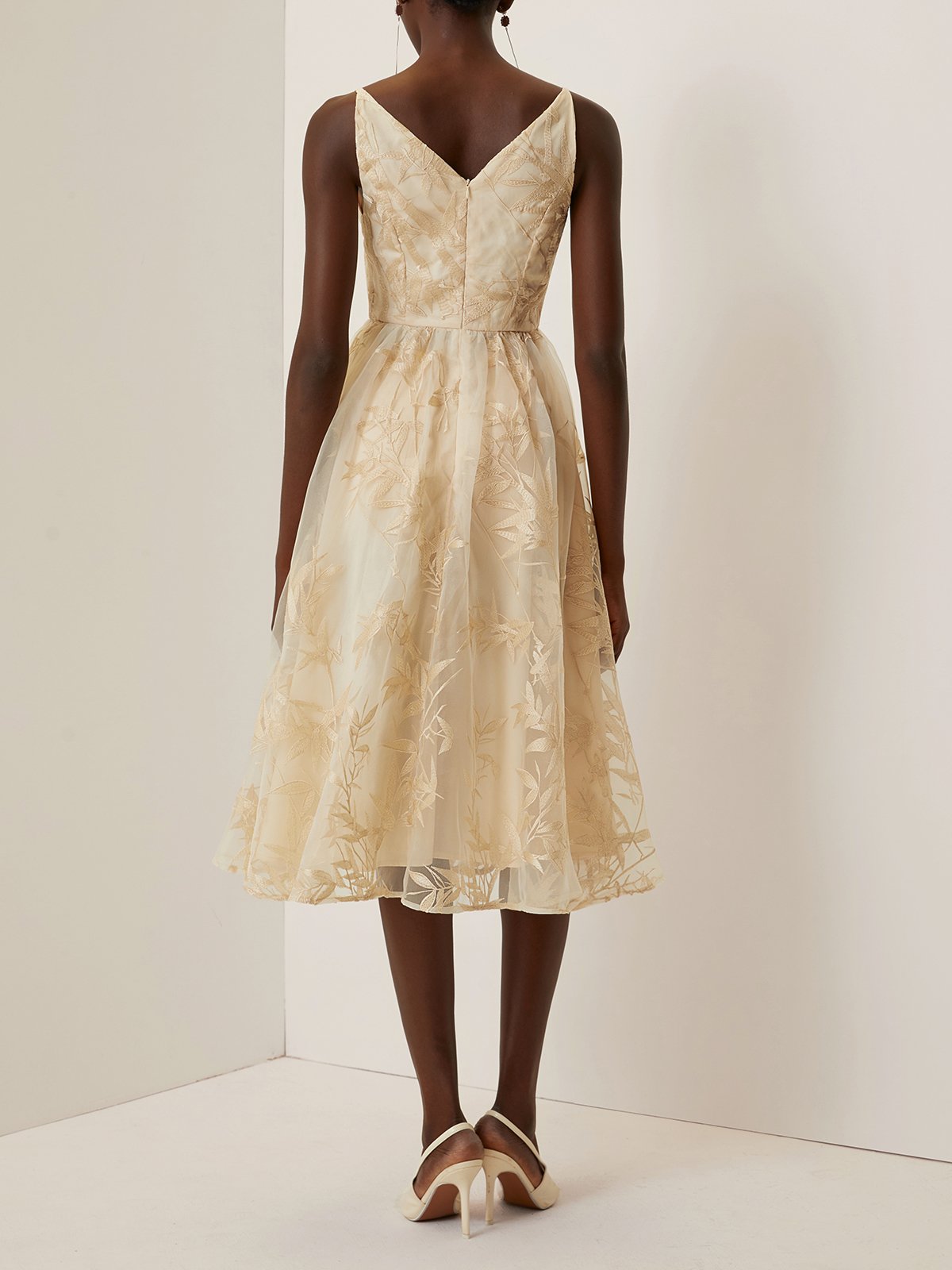 Beige Embroidery Mesh Classic V Neck Sleeveless A-Line Midi Dress