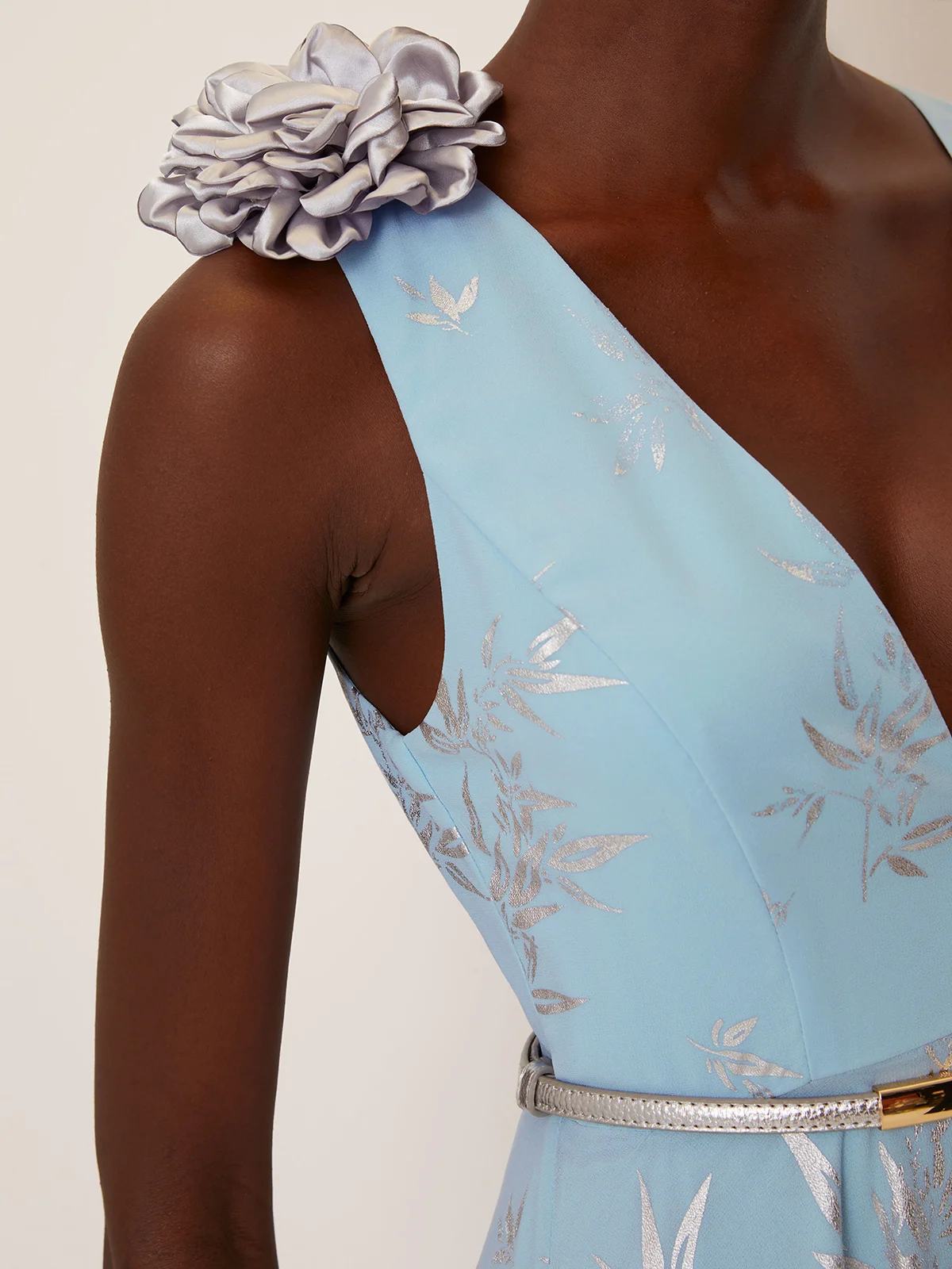 Light Blue 3D Floral Chiffon V Neck Sleeveless A-Line Midi Dress