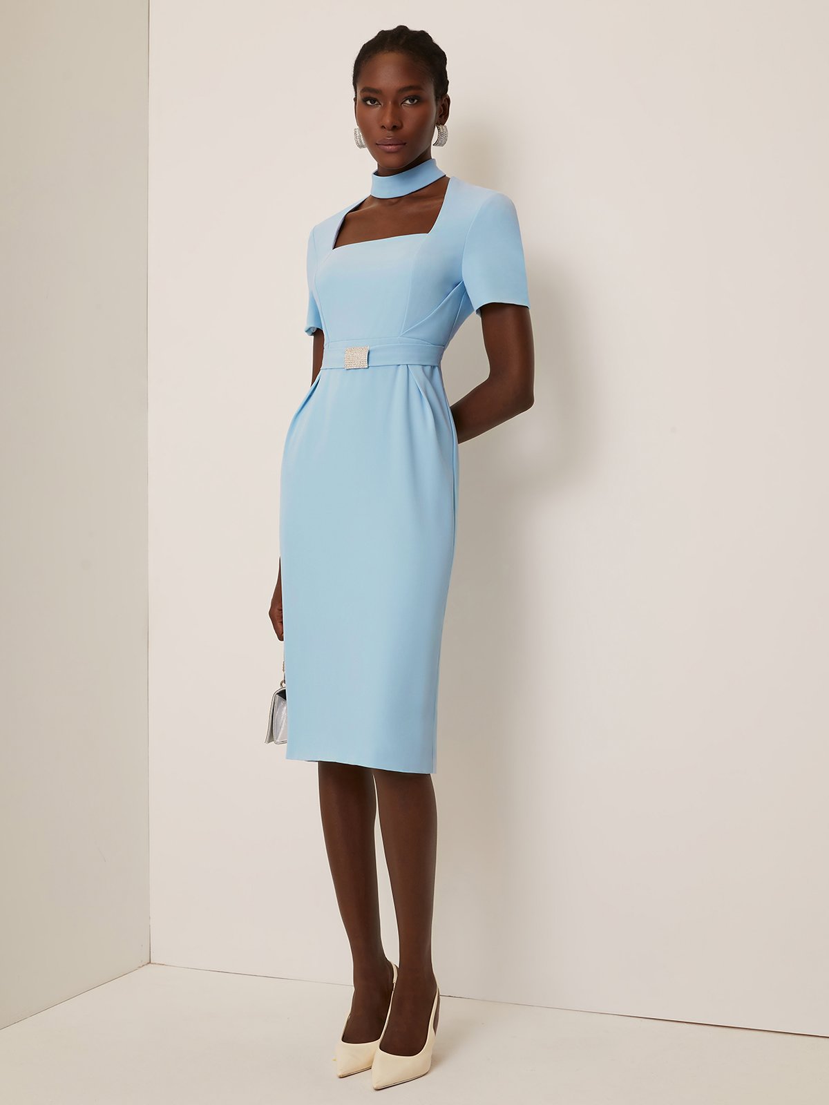 Light Blue Rhinestone Classic Square Neck Short Sleeve Sheath Midi Dress