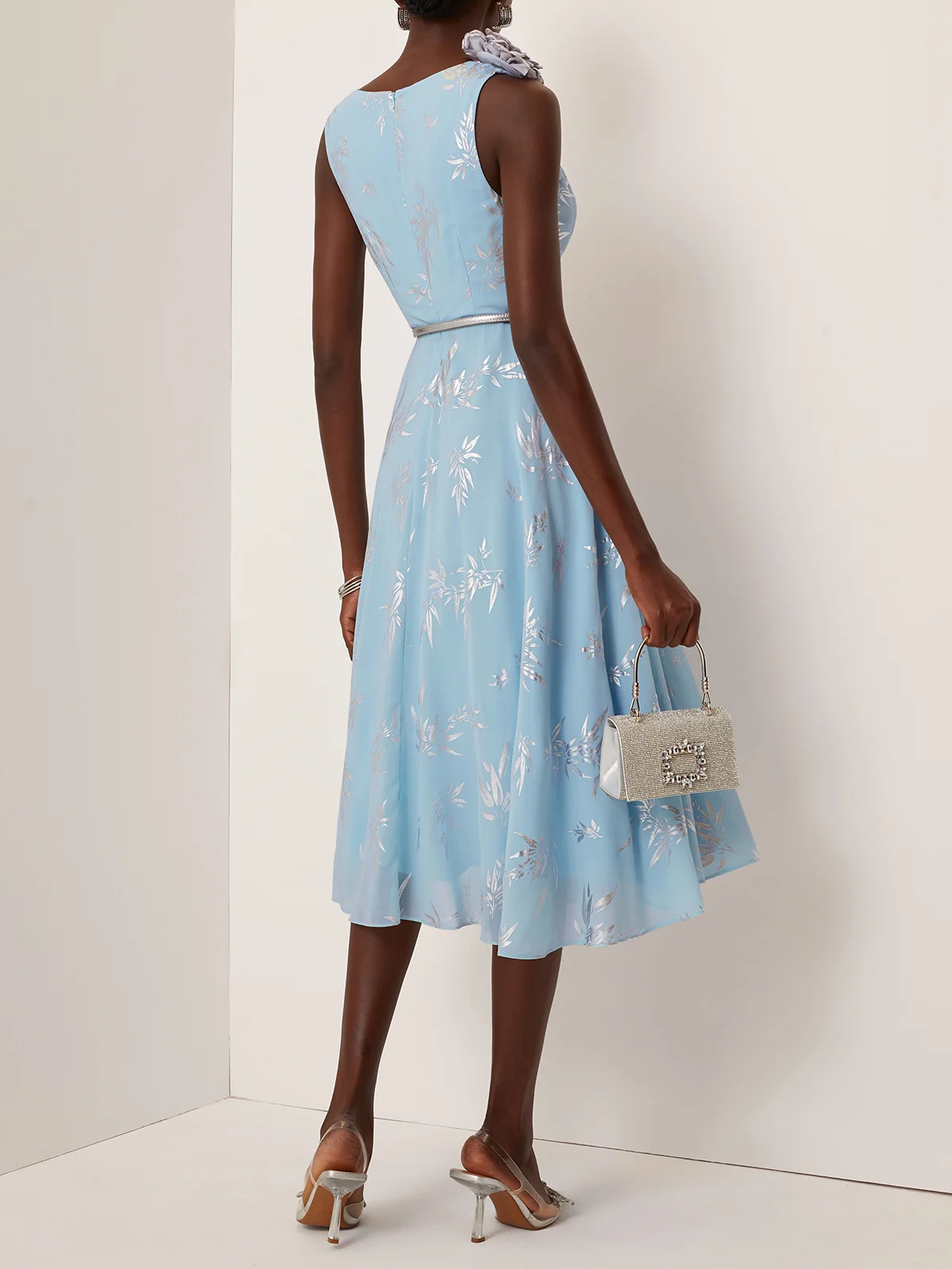 Light Blue 3D Floral Chiffon V Neck Sleeveless A-Line Midi Dress