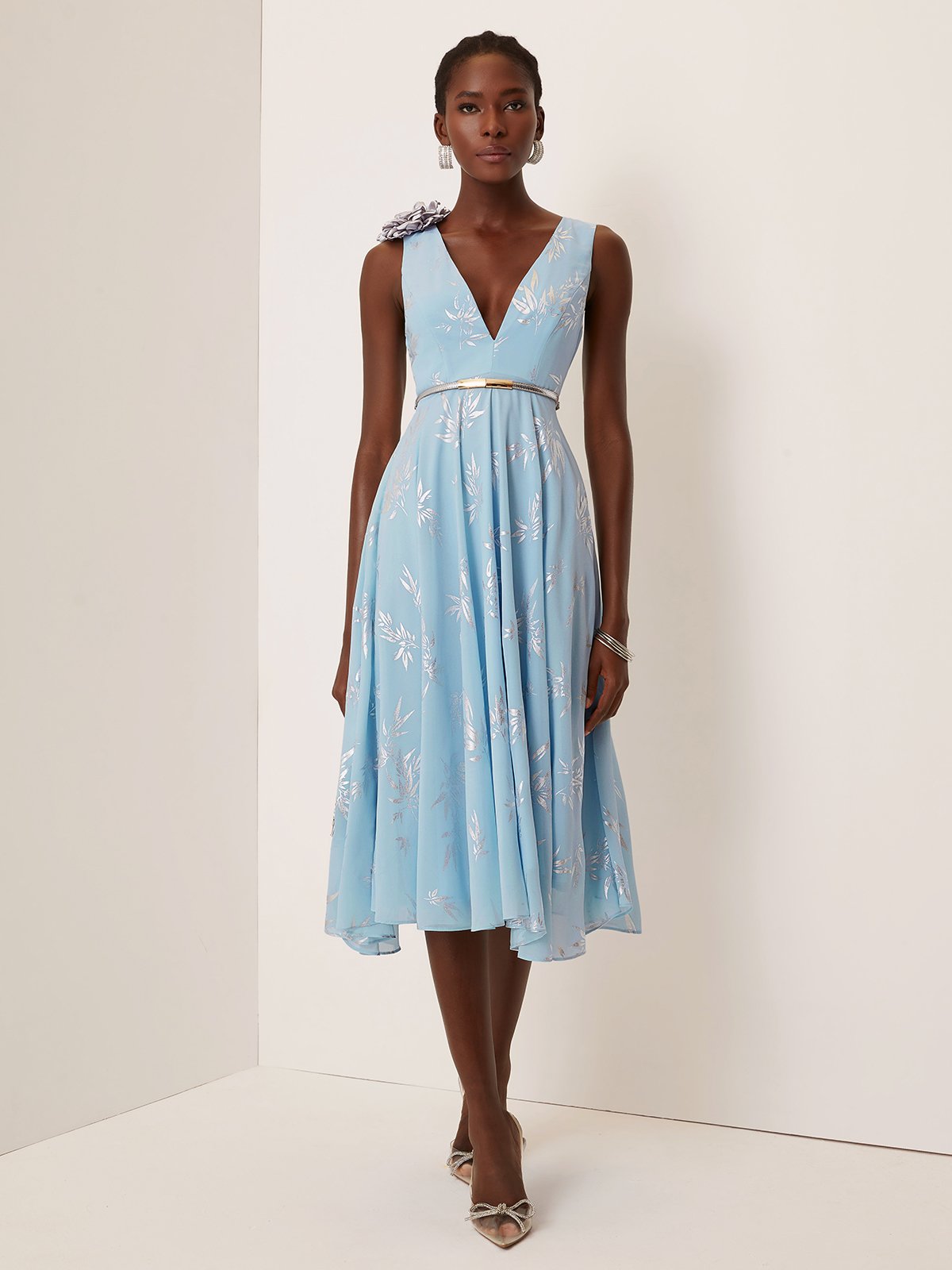 Light Blue 3D Floral Chiffon V Neck Sleeveless A-Line Midi Dress