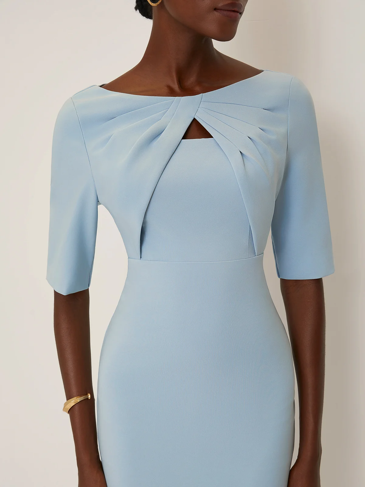 Light Blue Knot Classic Boat Neck Half Sleeve Sheath Midi Dress
