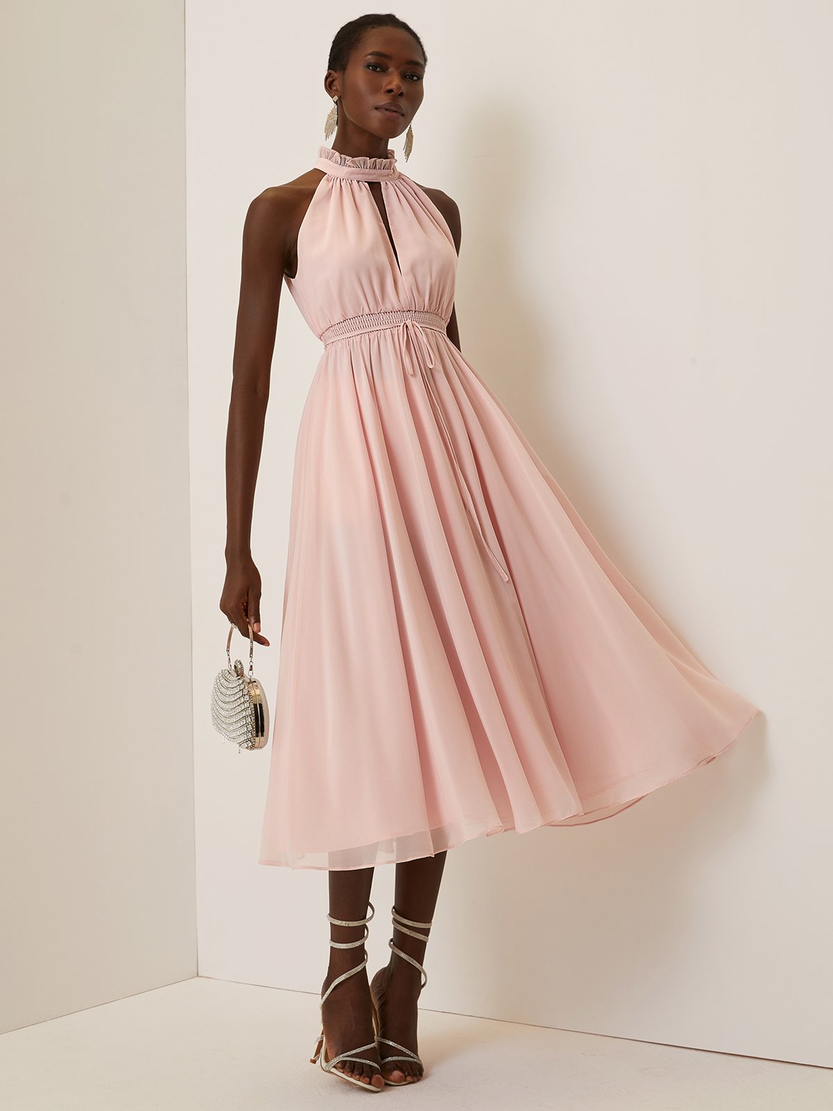 Pink Scramble Peplum Chiffon Lotus Leaf Collar Sleeveless A-Line Maxi Dress