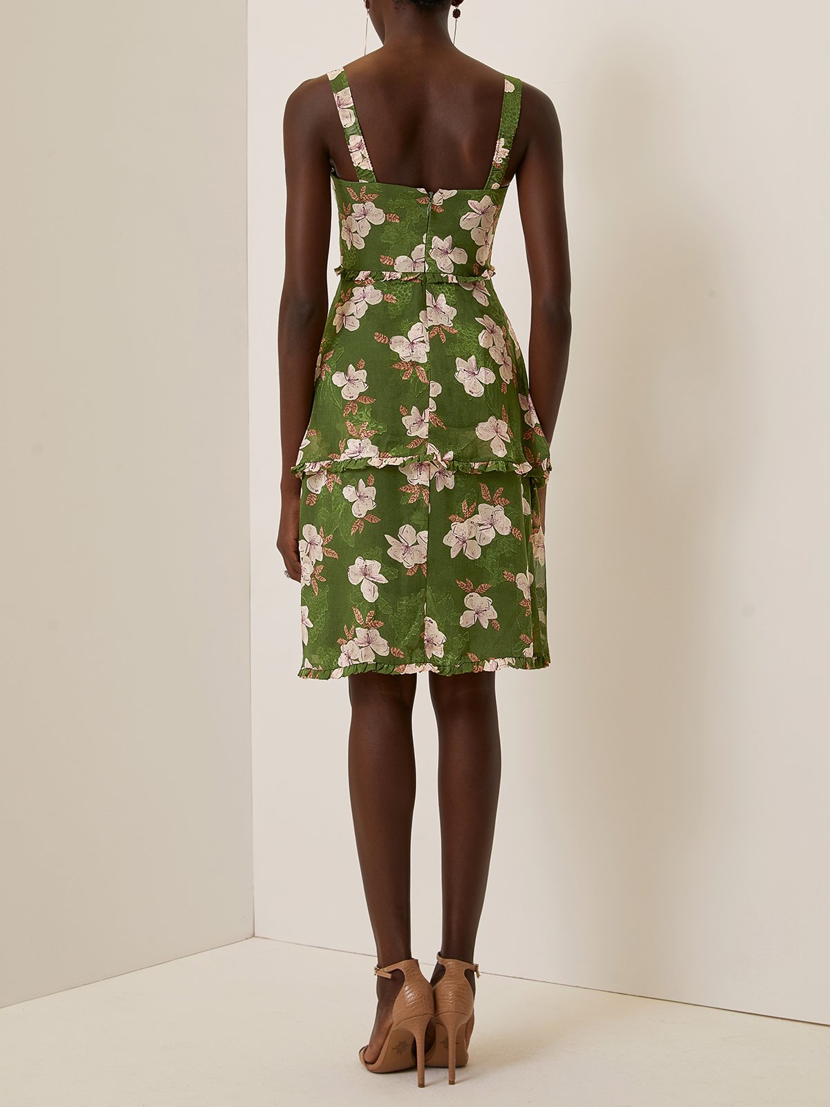 Green Jacquard Tiered Classic Spaghetti Sleeveless A-Line Midi Dress