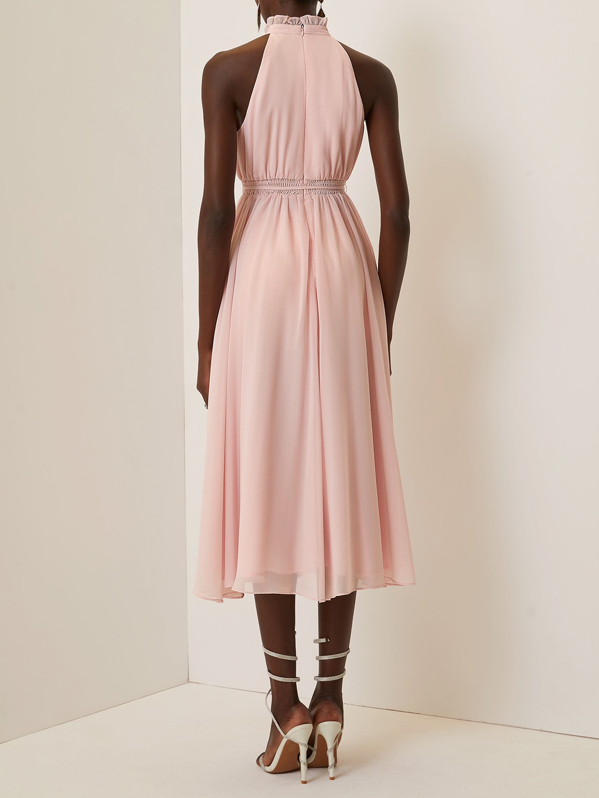 Pink Scramble Peplum Chiffon Lotus Leaf Collar Sleeveless A-Line Maxi Dress