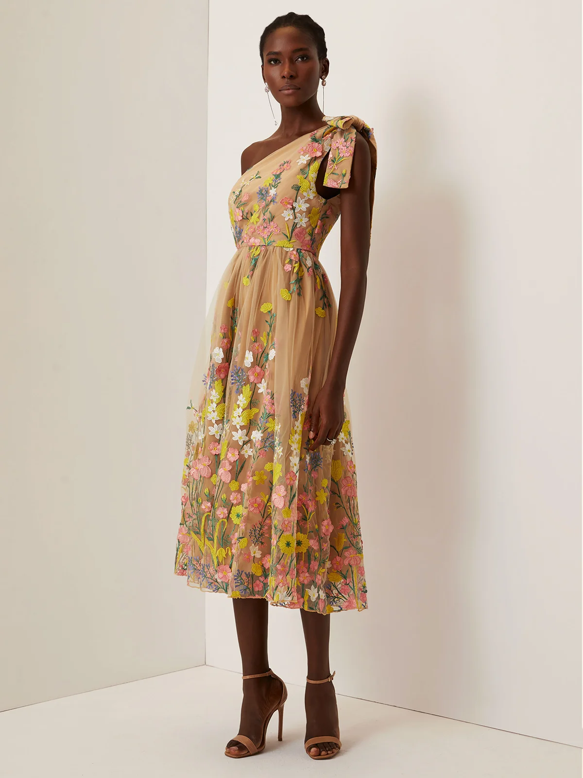 Green Embroidery Floral Classic One Shoulder Sleeveless A-Line Midi Dress