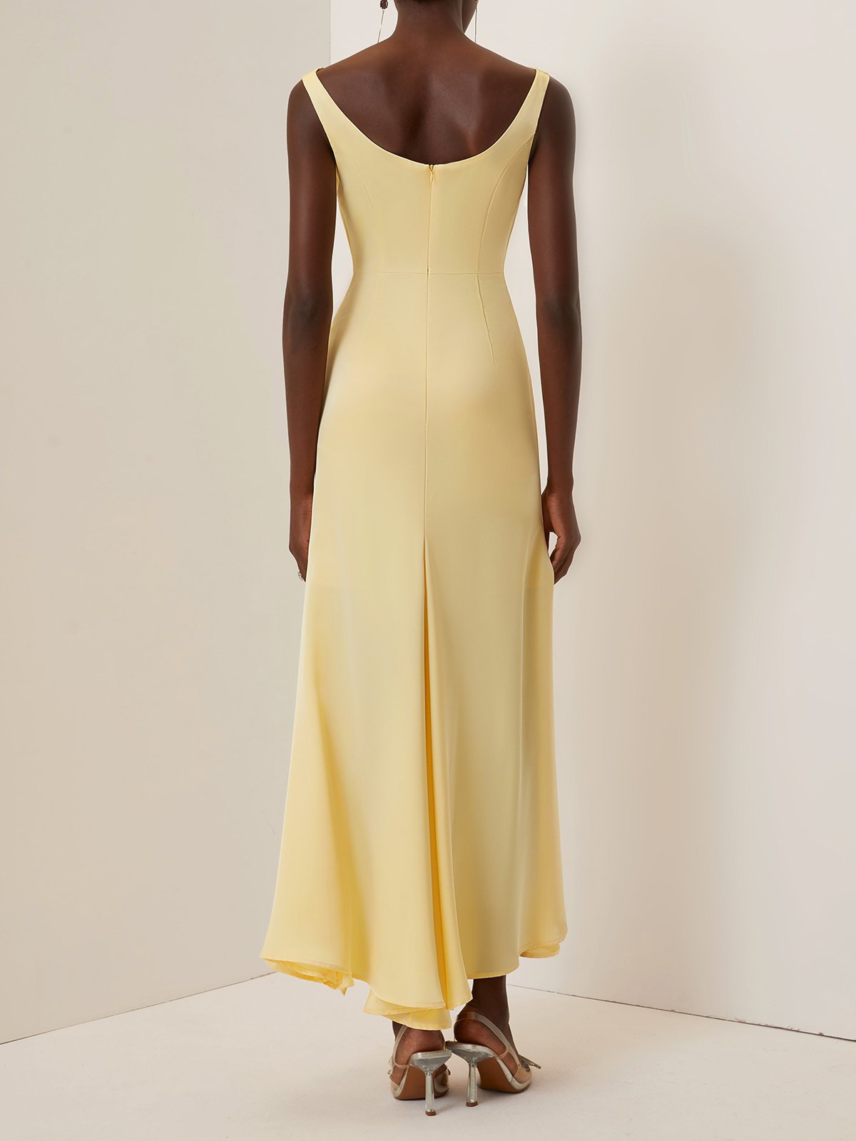 Yellow 3D Floral Peplum Satin Cowl Neck Sleeveless Mermaid Maxi Dress