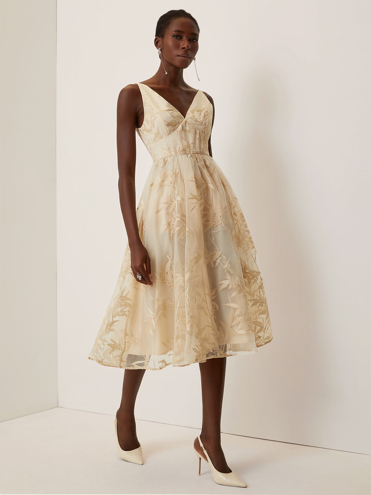 Beige Embroidery Mesh Classic V Neck Sleeveless A-Line Midi Dress