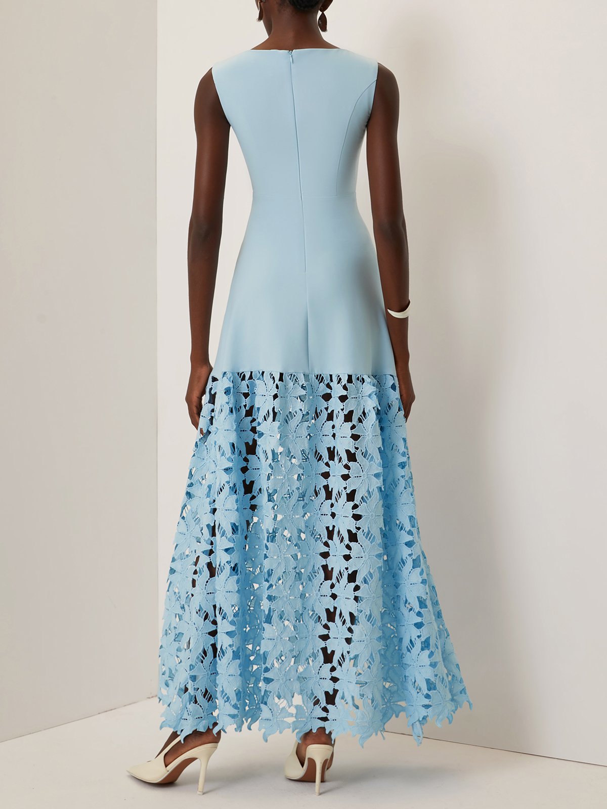 Light Blue Lace Classic Boat Neck Sleeveless A-Line Maxi Dress