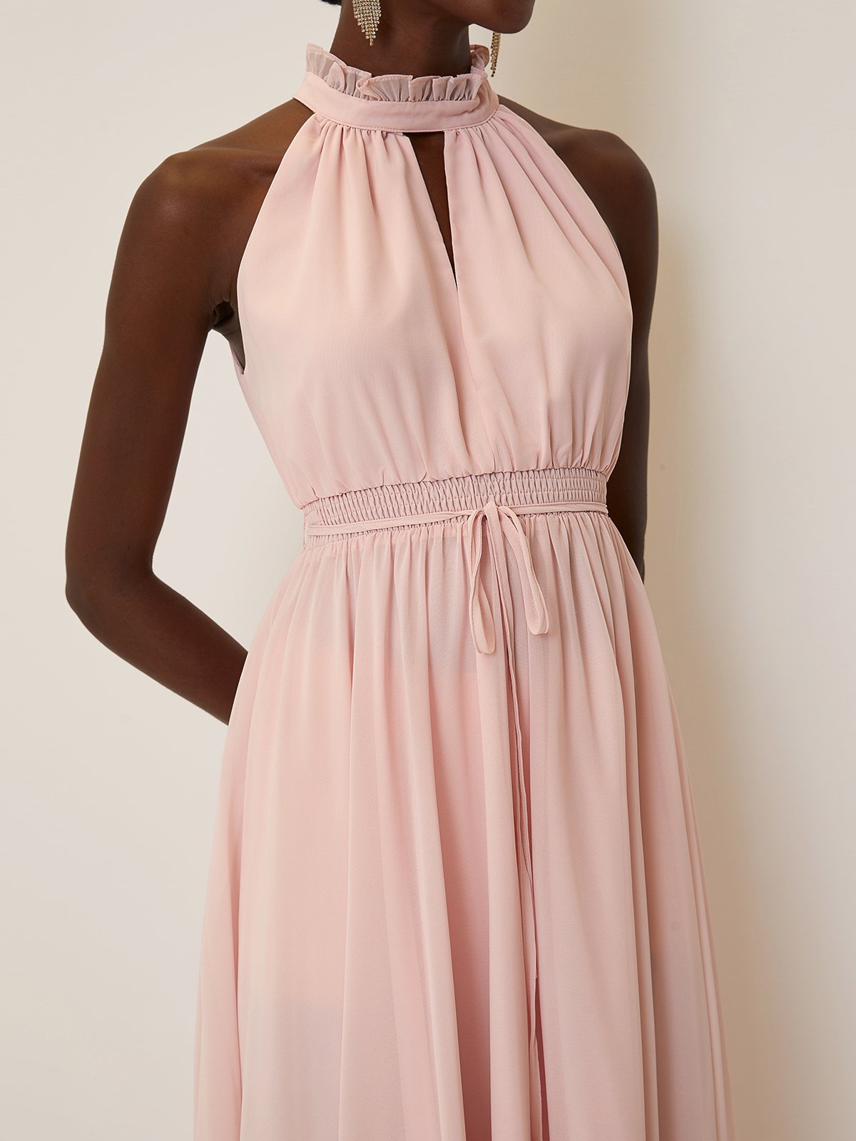 Pink Scramble Peplum Chiffon Lotus Leaf Collar Sleeveless A-Line Maxi Dress
