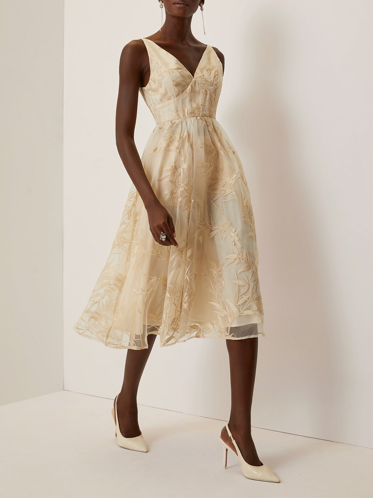 Beige Embroidery Mesh Classic V Neck Sleeveless A-Line Midi Dress