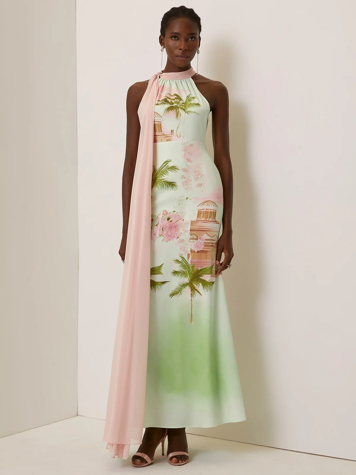 Green Floral Satin Halter Sleeveless A-Line Maxi Dress