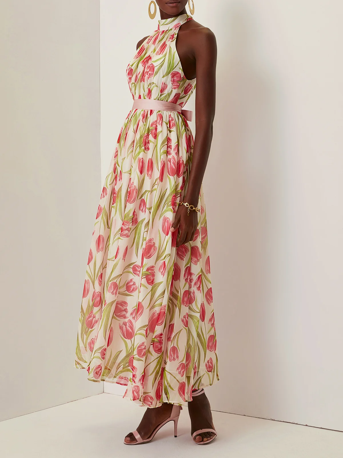 Pink Pleated Floral Chiffon Halter Sleeveless A-Line Mock Neck Maxi Dress