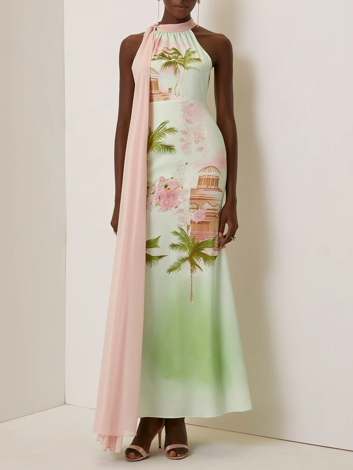Green Floral Satin Halter Sleeveless A-Line Maxi Dress