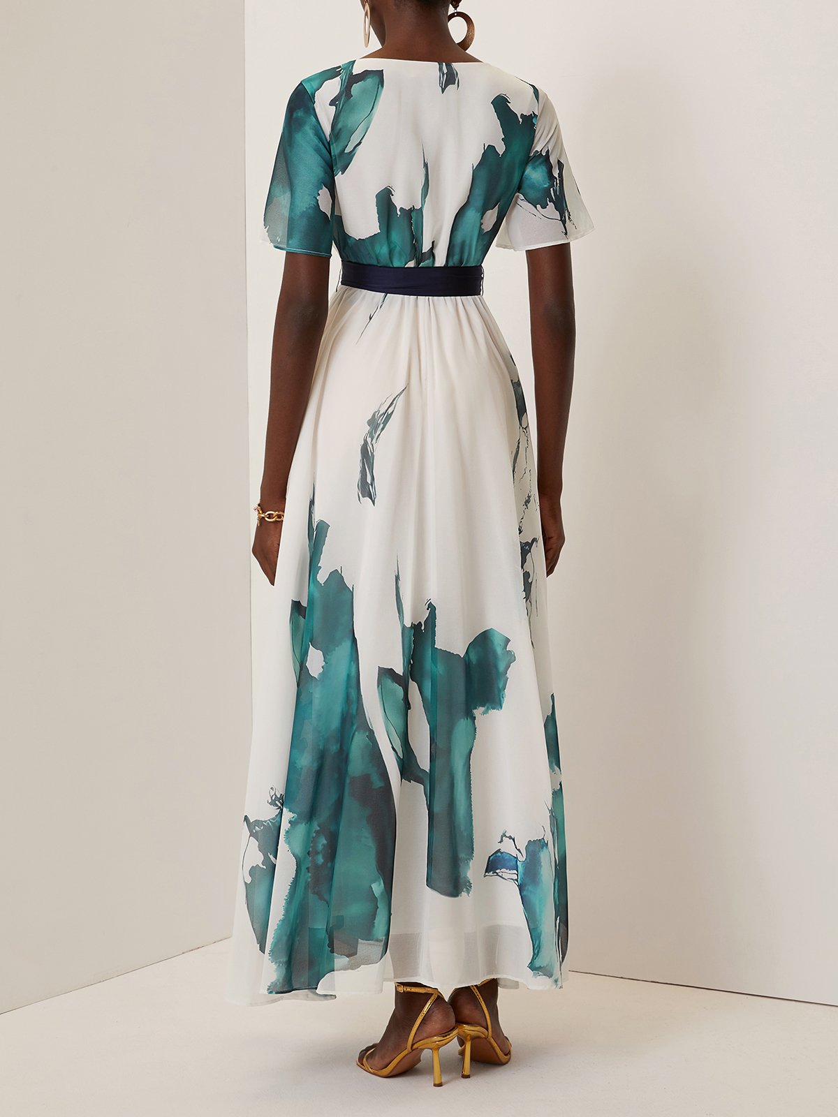 Blue Printing Chiffon V Neck Short Sleeve A-Line Maxi Dress