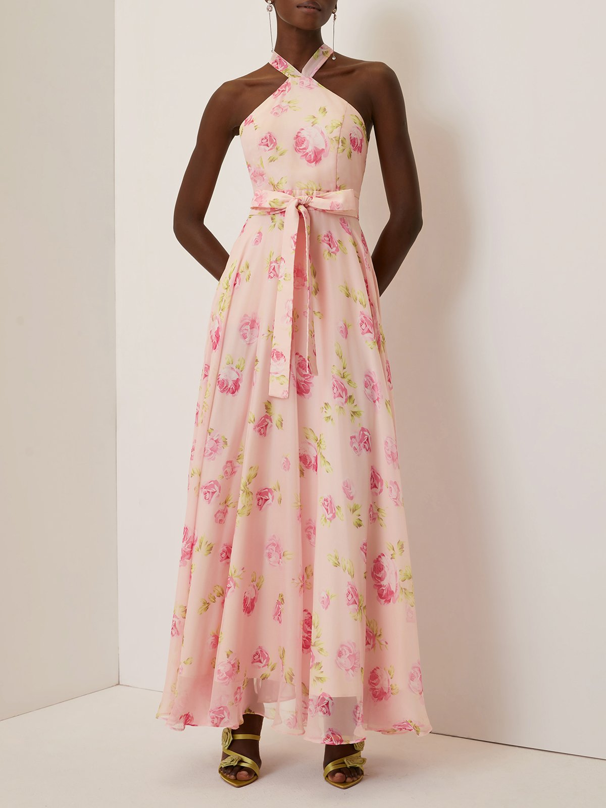 Pink Floral Chiffon Halter Sleeveless A-Line Maxi Dress